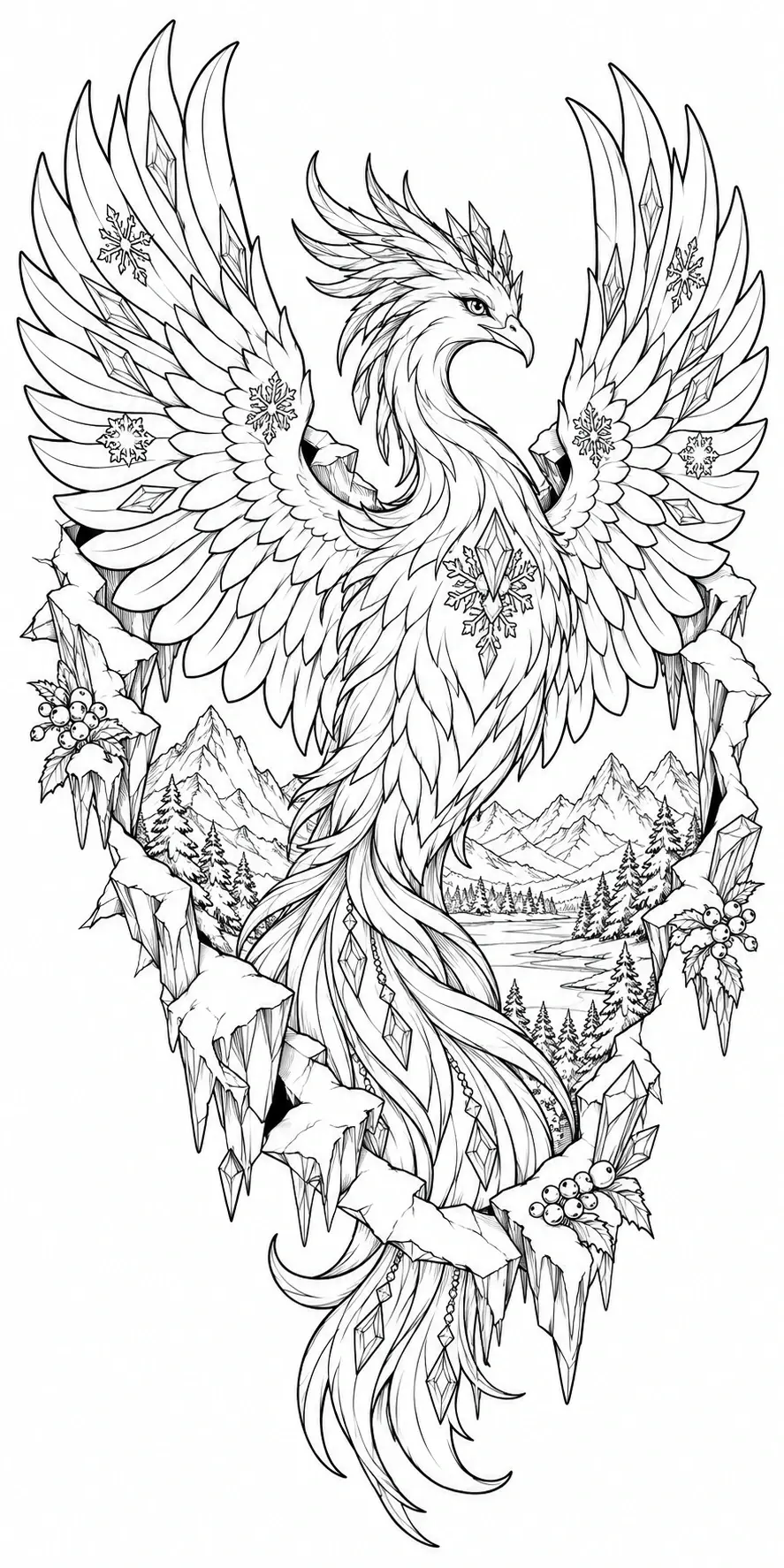 A phoenix coloring page shows a detailed bird with spread wings, snowflakes, crystals, and a winter mountain landscape.