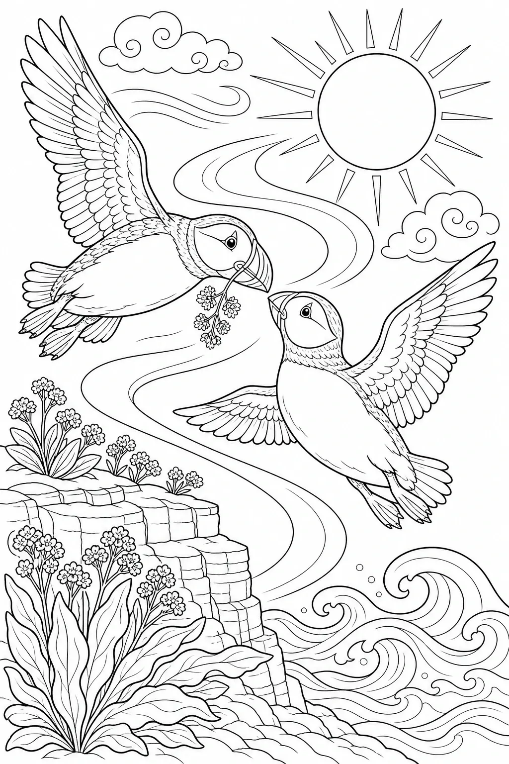 A black-and-white coloring page shows two puffins flying over waves, flowers, cliffs, clouds, and a sun.
