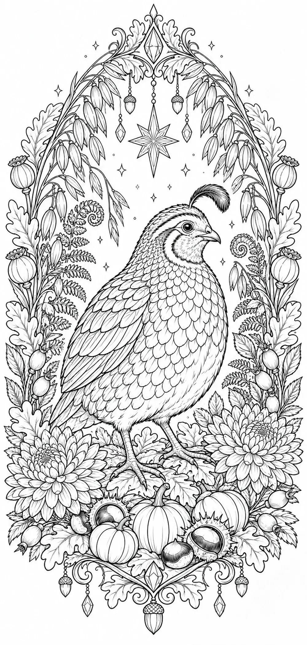 A quail stands inside a detailed black-and-white autumn floral frame with pumpkins, acorns, leaves, and hanging ornaments coloring page.