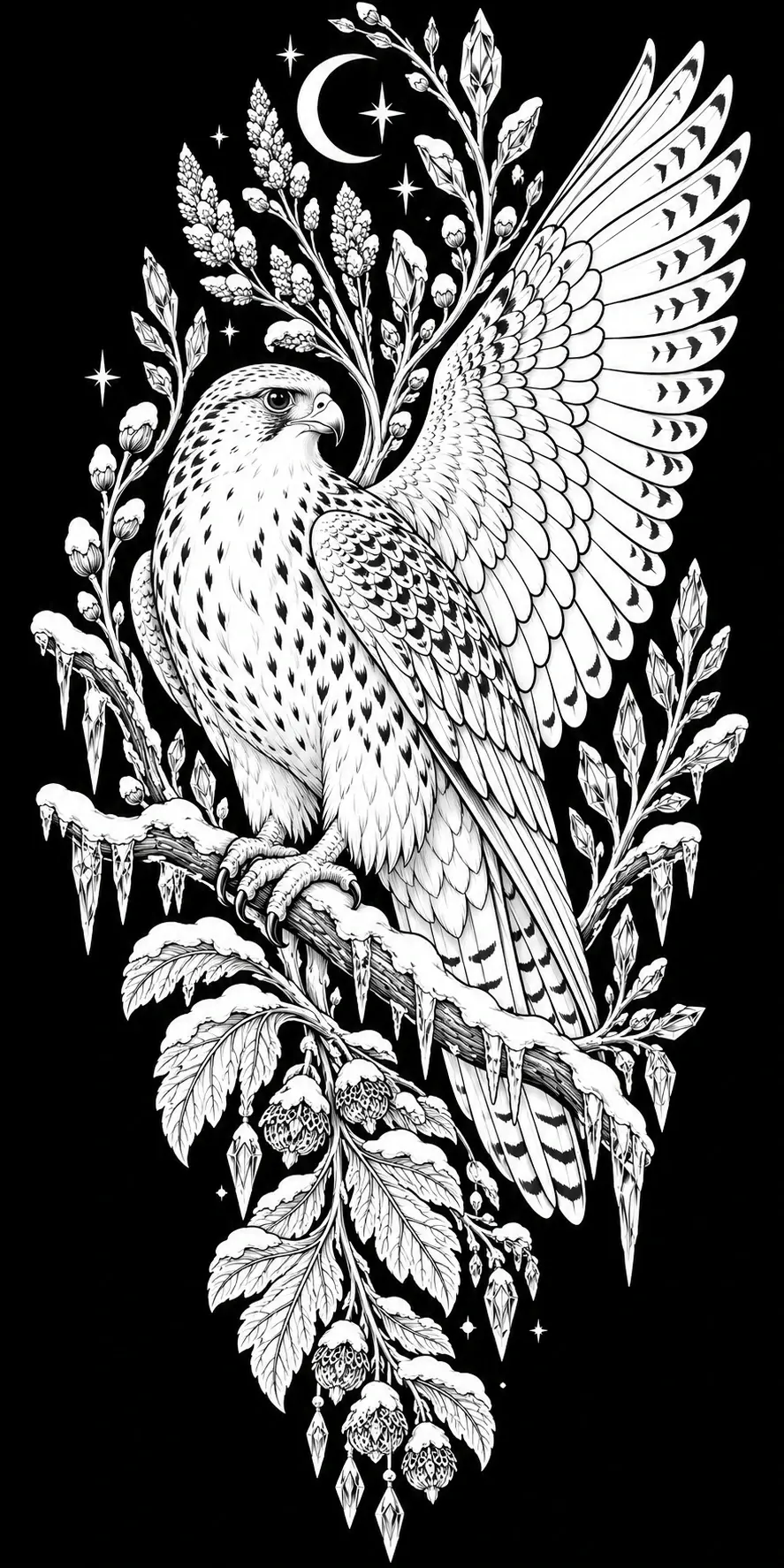 A detailed raptor coloring page shows one bird perched on an icy branch with a raised wing, hanging crystals, flowers, stars, and a crescent moon.