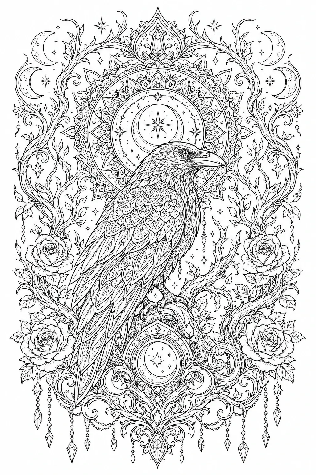 An intricate coloring page of a raven surrounded by a decorative floral mandala, moons, stars, and ornate vines.