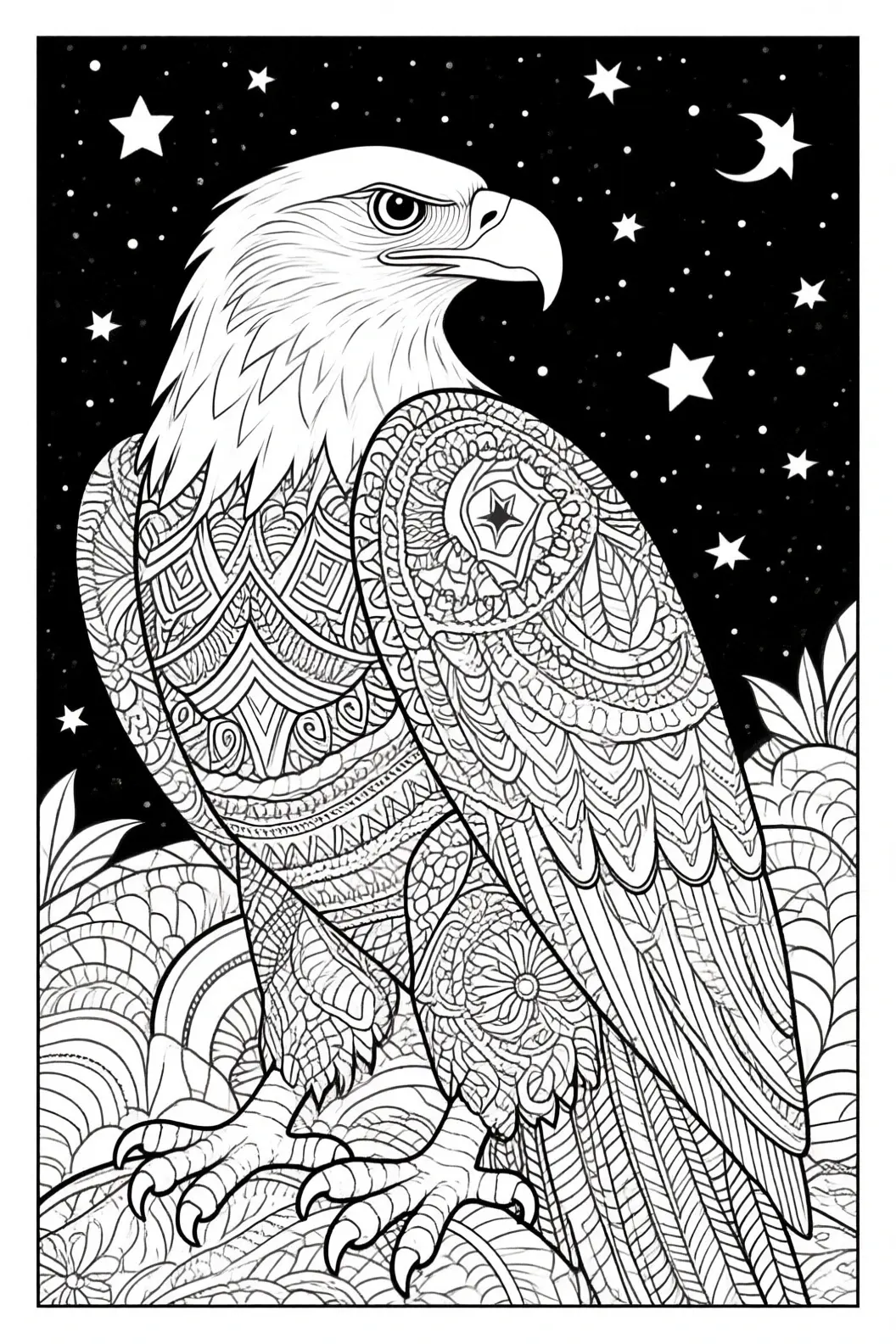 Black and white animal coloring page of a majestic eagle with mandala patterns against a starry night sky; part of a printable coloring page featuring detailed coloring page, kids' coloring page.
