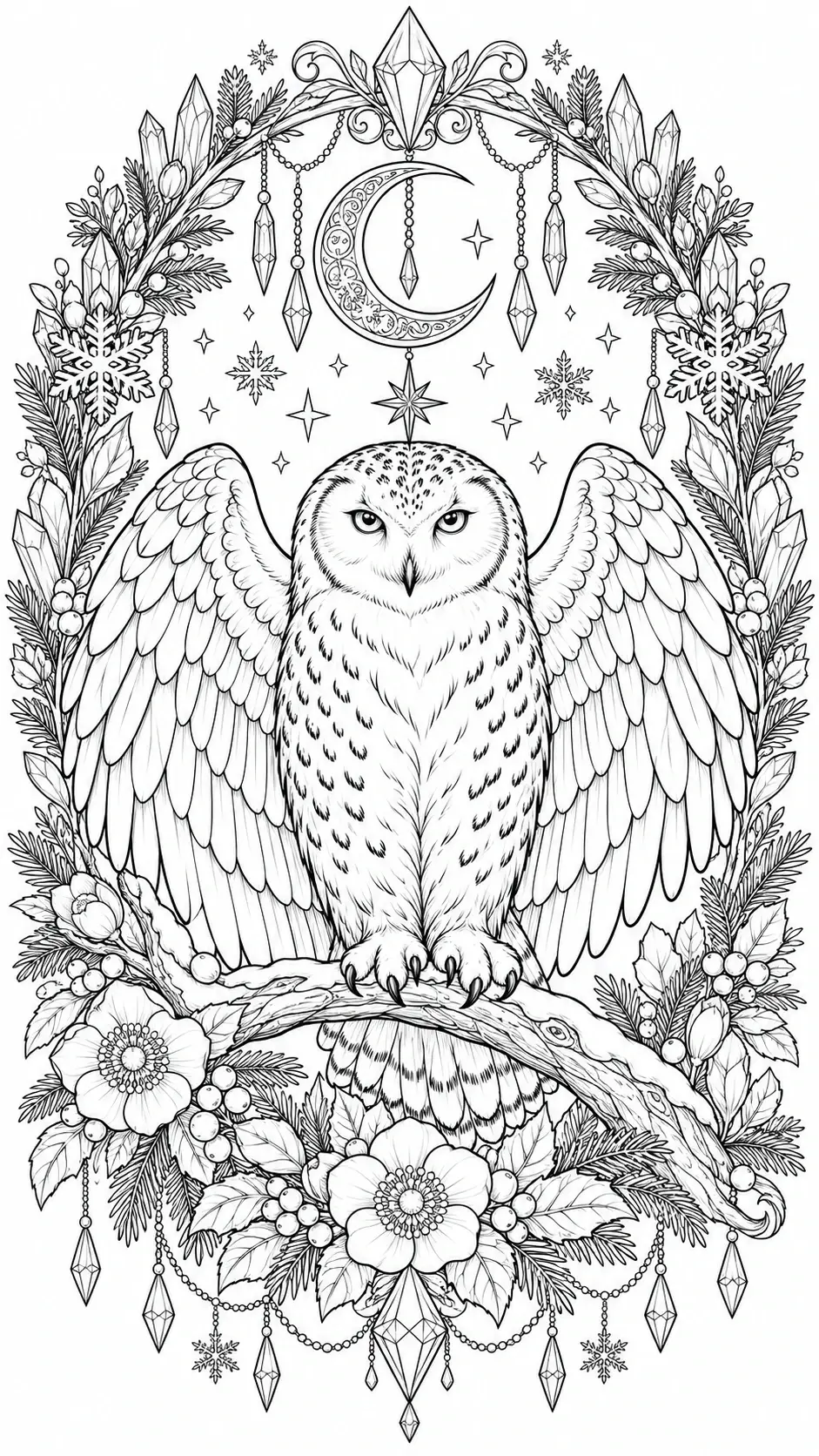 A snowy owl coloring page shows a winged owl perched on a branch inside a winter floral frame with a crescent moon and crystals.