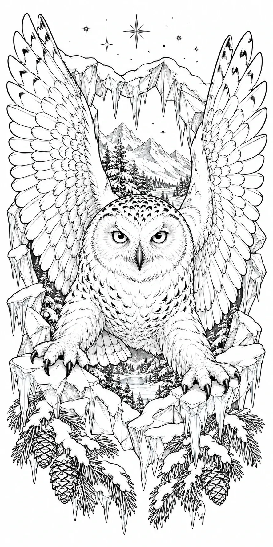 A snowy owl with spread wings stands in a snowy mountain scene with icicles, pine trees, and stars in a coloring page.