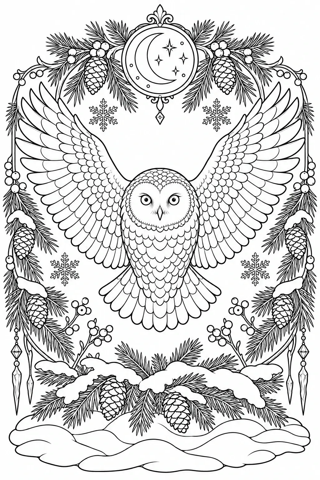 A snowy owl with wings spread in a black-and-white coloring page framed by pine branches, pinecones, snowflakes, and a hanging ornament.
