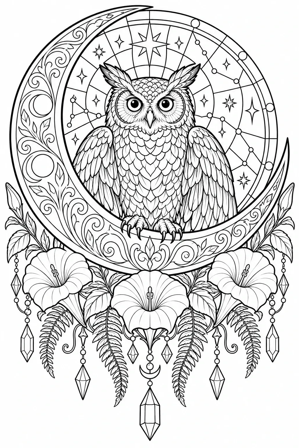 A detailed owl sits inside a starry crescent moon above flowers, leaves, and hanging crystal shapes in this coloring page.