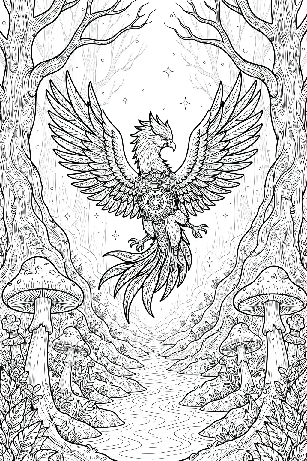 Black and white coloring page of detailed steampunk eagle with outstretched wings flying in a forest with trees, mushrooms, and a winding stream