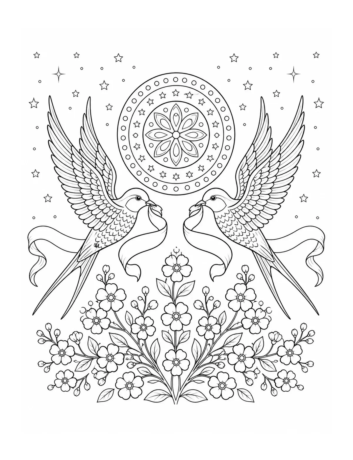 A coloring page showing two swallows with spread wings beside a moon mandala, stars, ribbons, and flowers.
