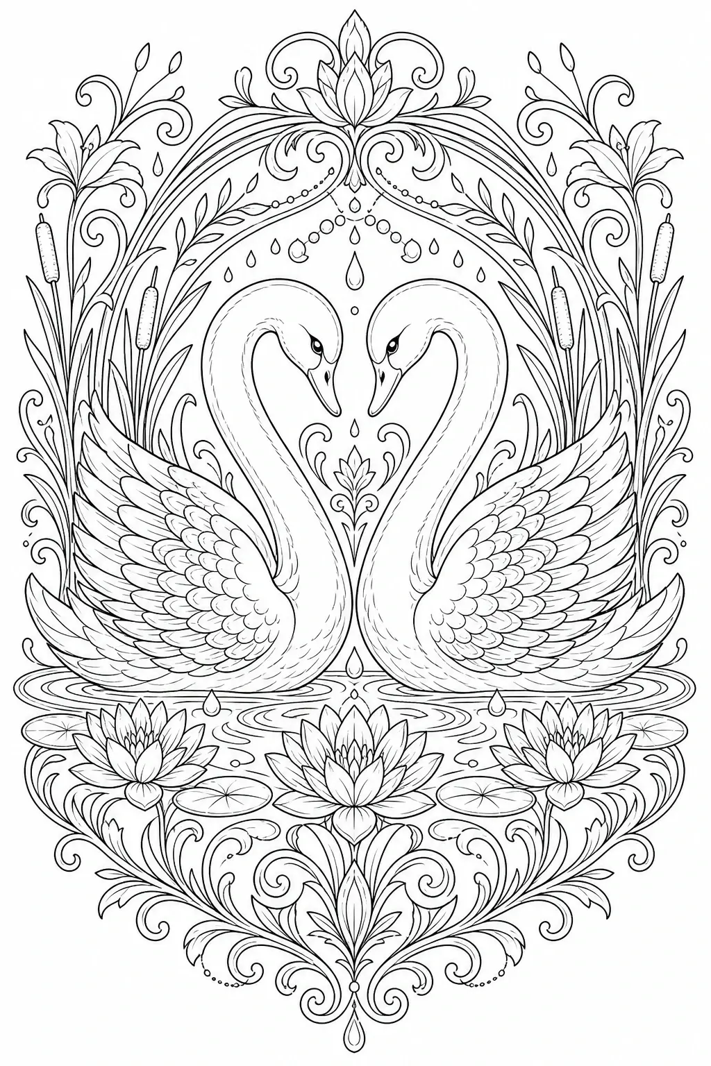 Black and white coloring page of two swans facing each other in a symmetrical mandala design with flowers, water lilies, and ornate swirls