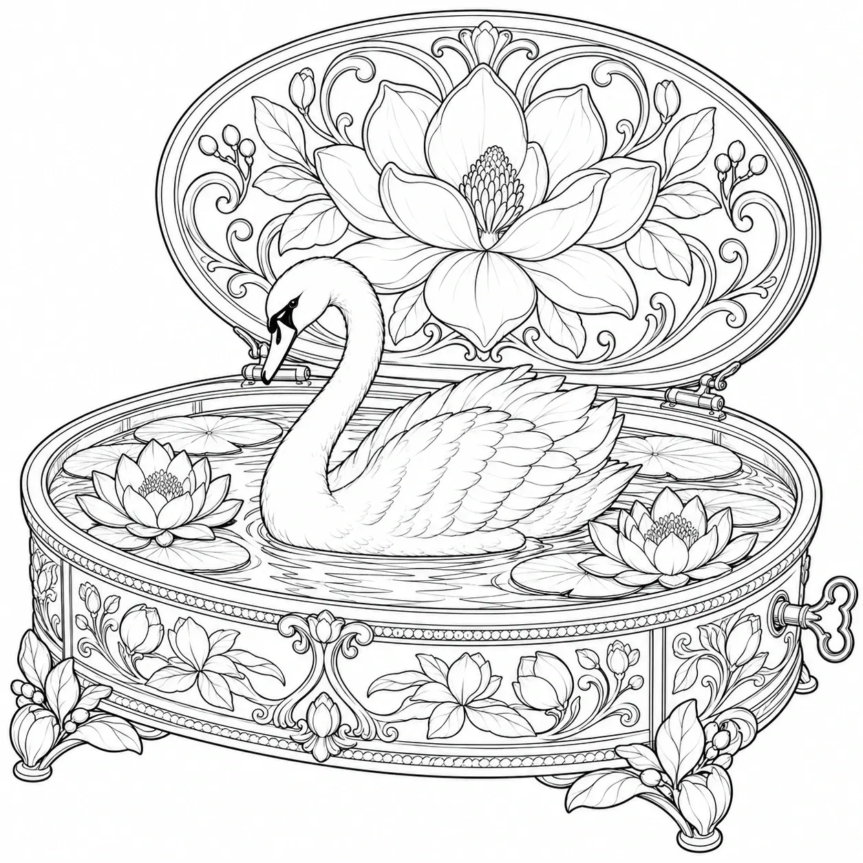A detailed coloring page shows a swan among water lilies inside an open floral music box with a hinged lid and winding key.