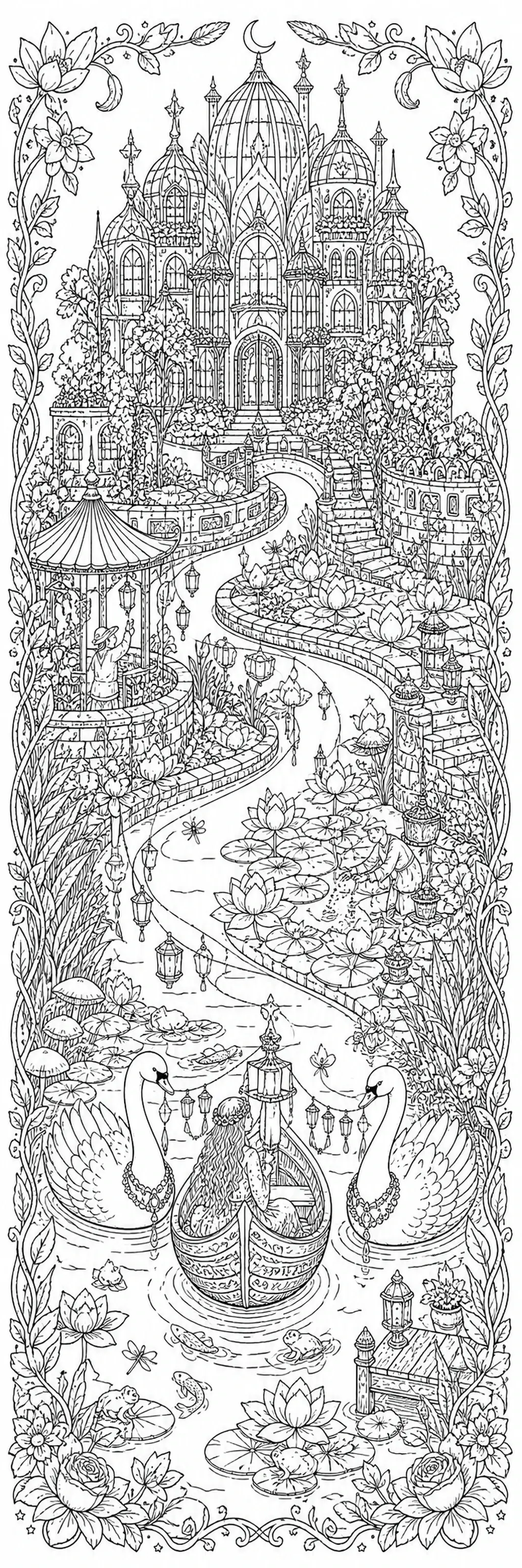A black-and-white coloring page showing two swans on a pond in front of an ornate palace garden with a winding path, flowers, and lanterns.