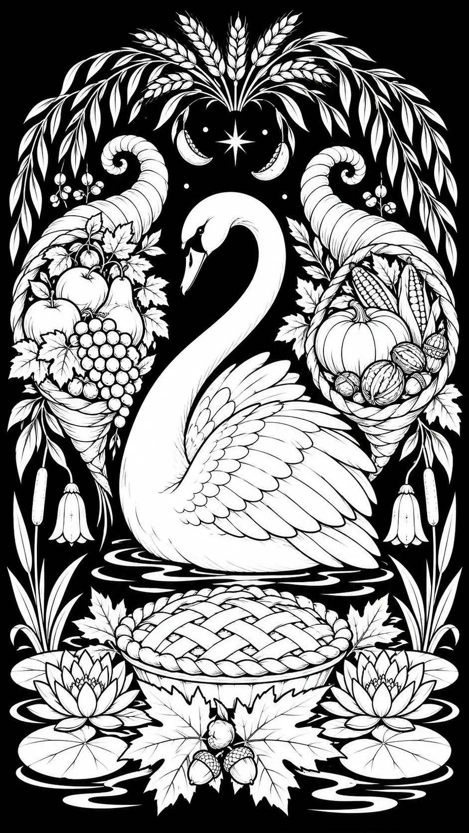 A large swan floats on a pond beneath a star and crescent moon, surrounded by pumpkins, fruit, corn, wheat, leaves, flowers, and a woven pie in this detailed coloring page.