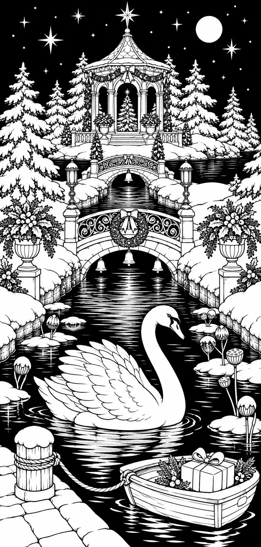 A swan swims on a snowy pond beneath two bridges, with a gazebo, evergreen wreaths, and a gift in a boat in this coloring page.