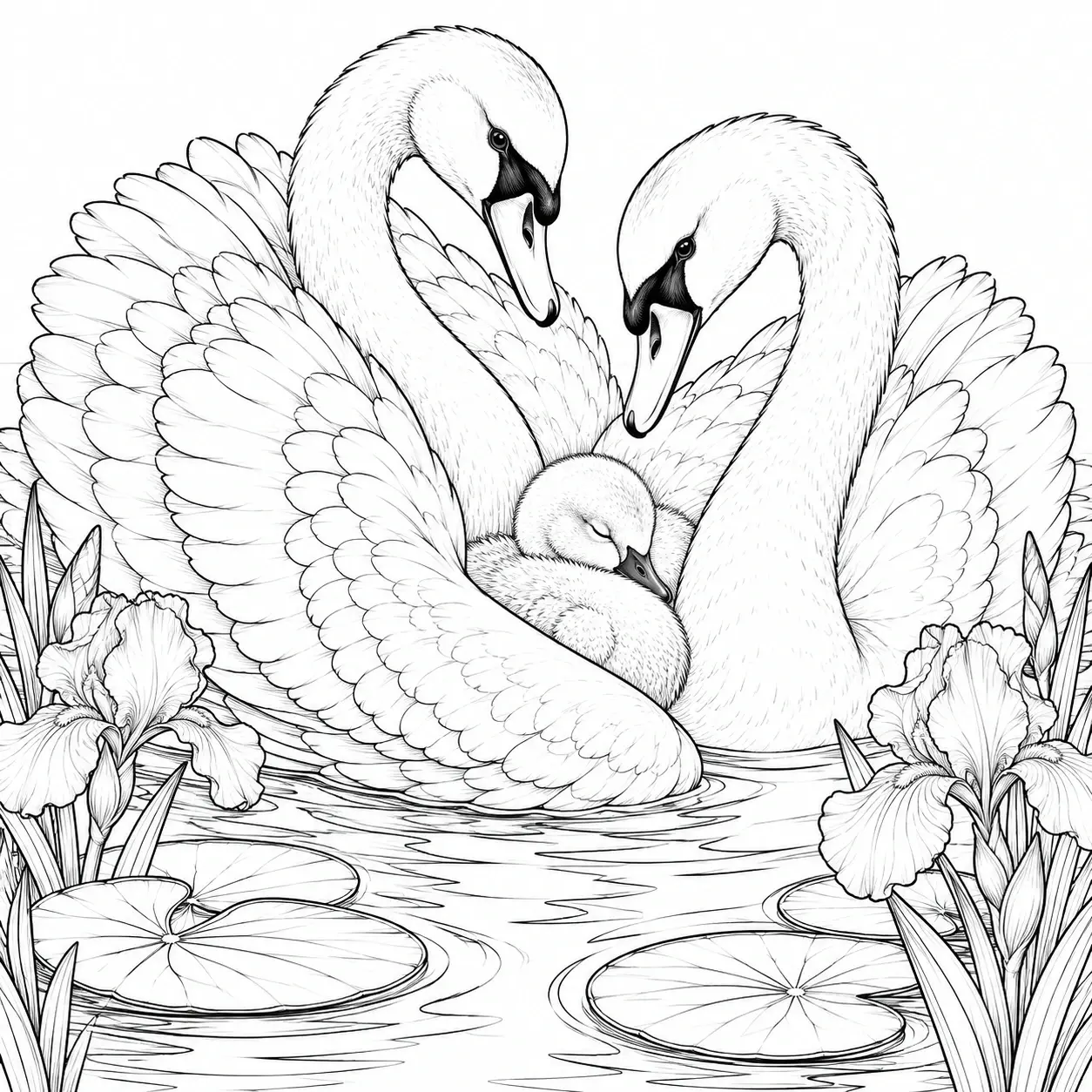 A detailed black-and-white coloring page shows two adult swans sheltering a resting cygnet in a pond framed by lily pads and irises.