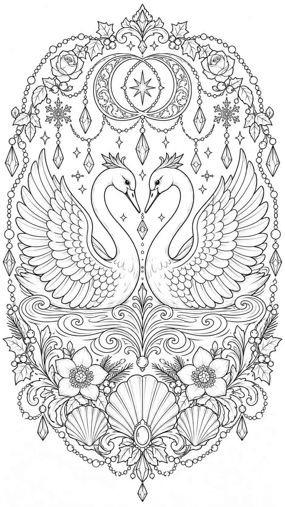An intricate black-and-white coloring page of two swans facing each other inside a decorative frame with pearls, flowers, shells, and hanging crystals.