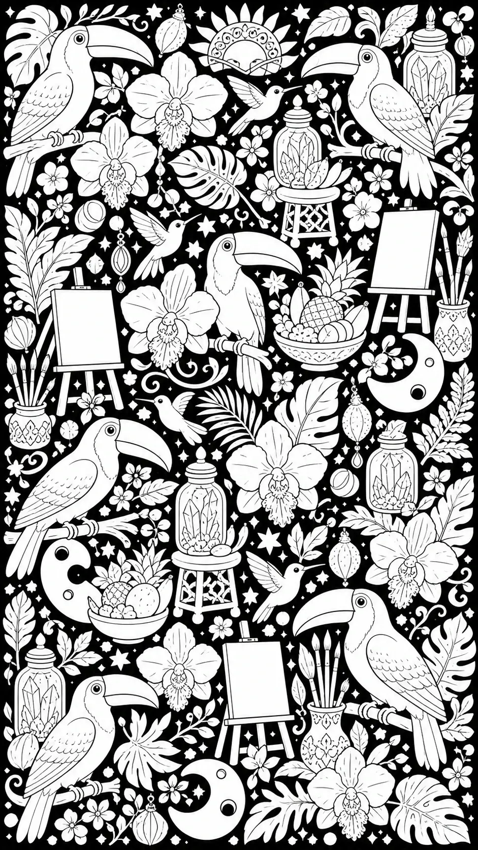 Black-and-white coloring page of toucans, orchids, leaves, lanterns, easels, and small hummingbirds in a decorative pattern.