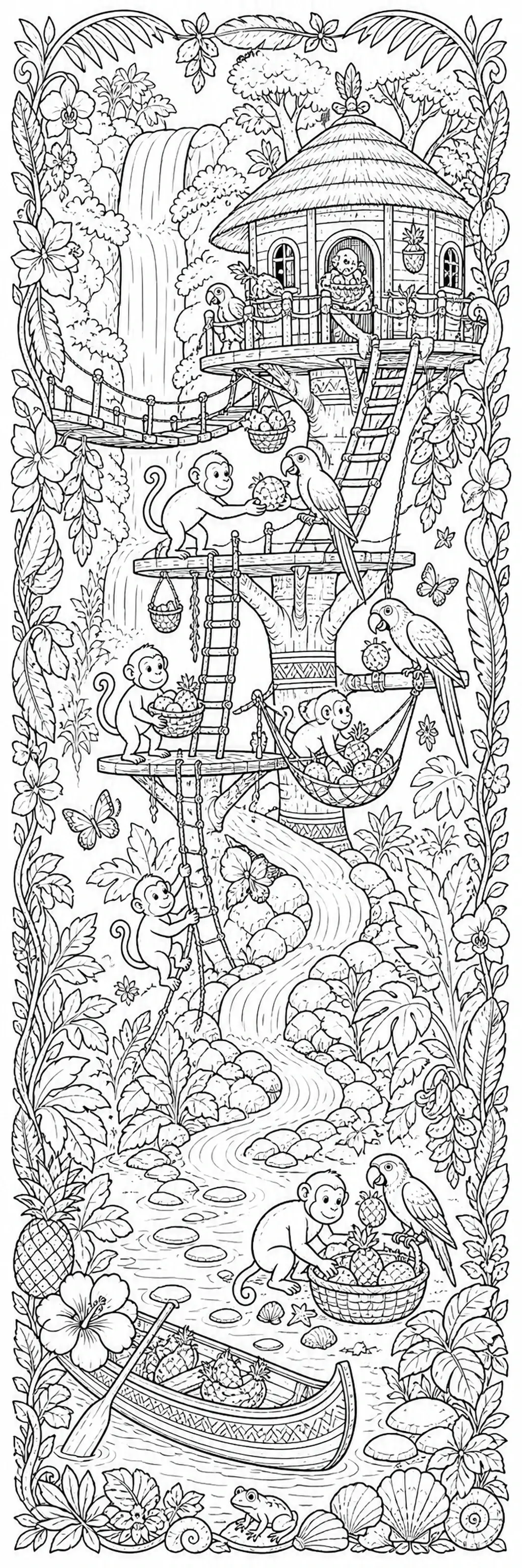 A black-and-white coloring page of a tropical treehouse scene with monkeys, parrots, a waterfall, and fruit baskets.