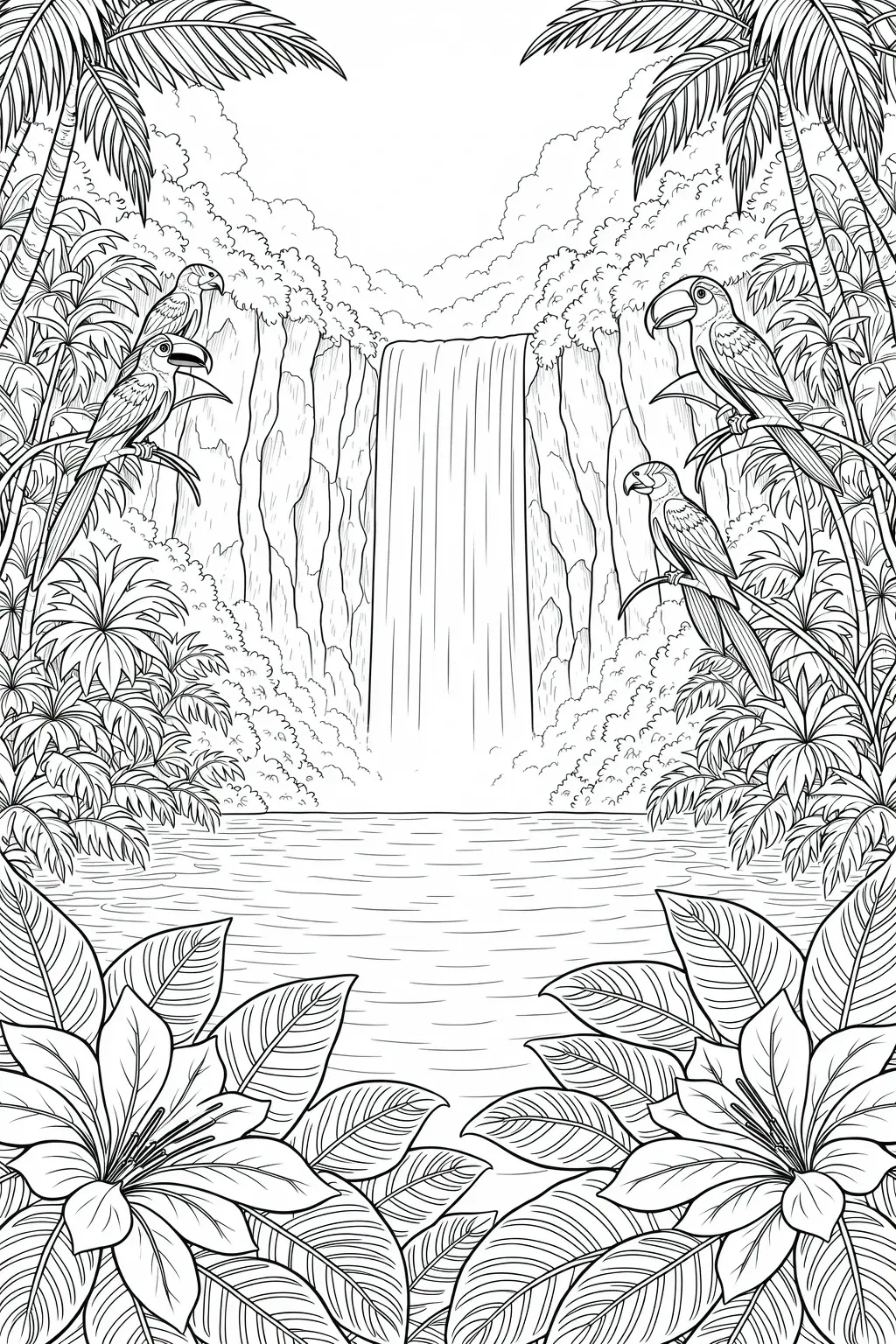 Black-and-white coloring page of a tropical waterfall surrounded by rainforest plants and several perched birds, with large flowers in the foreground.