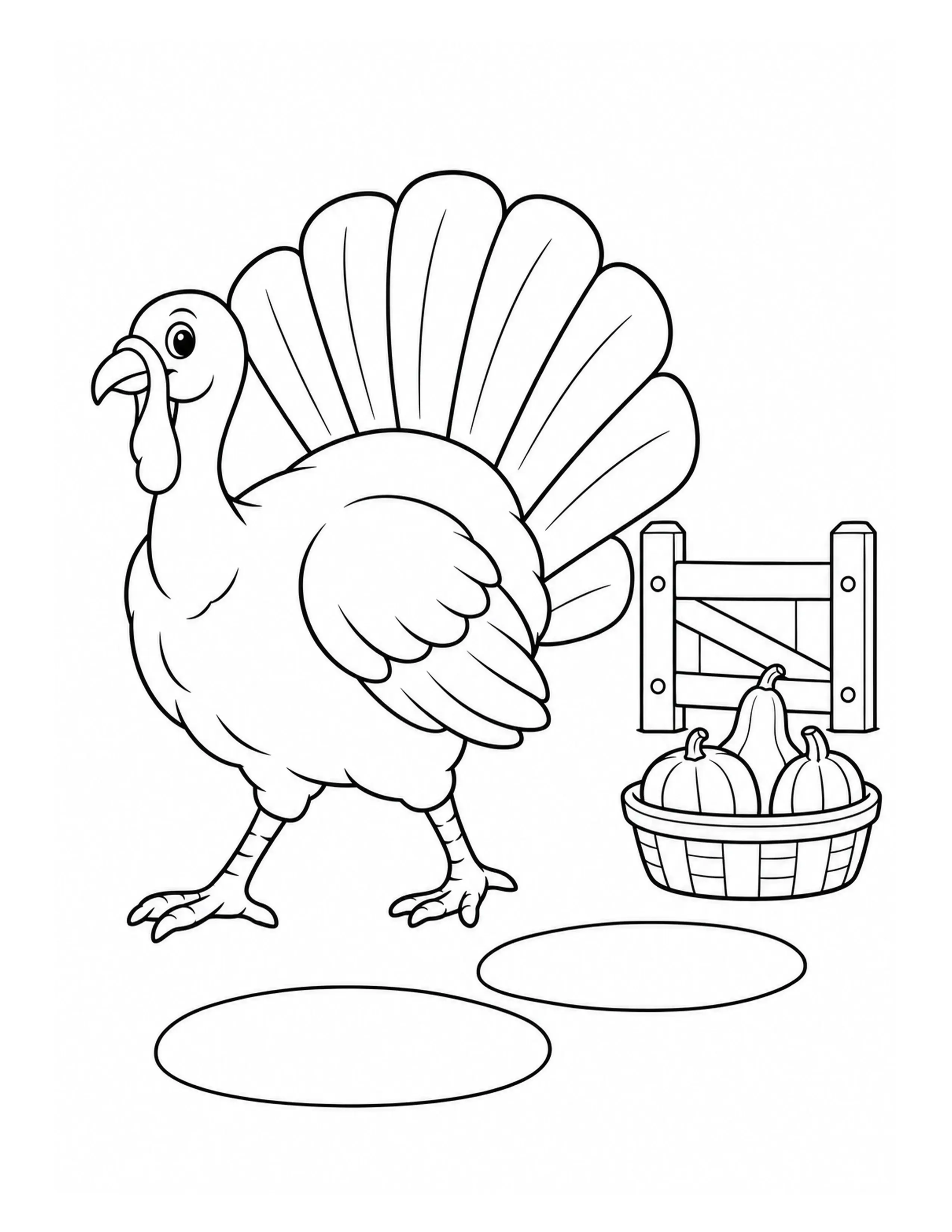 A cartoon turkey with a large fan-shaped tail stands beside a basket of pumpkins and a wooden fence in this coloring page.