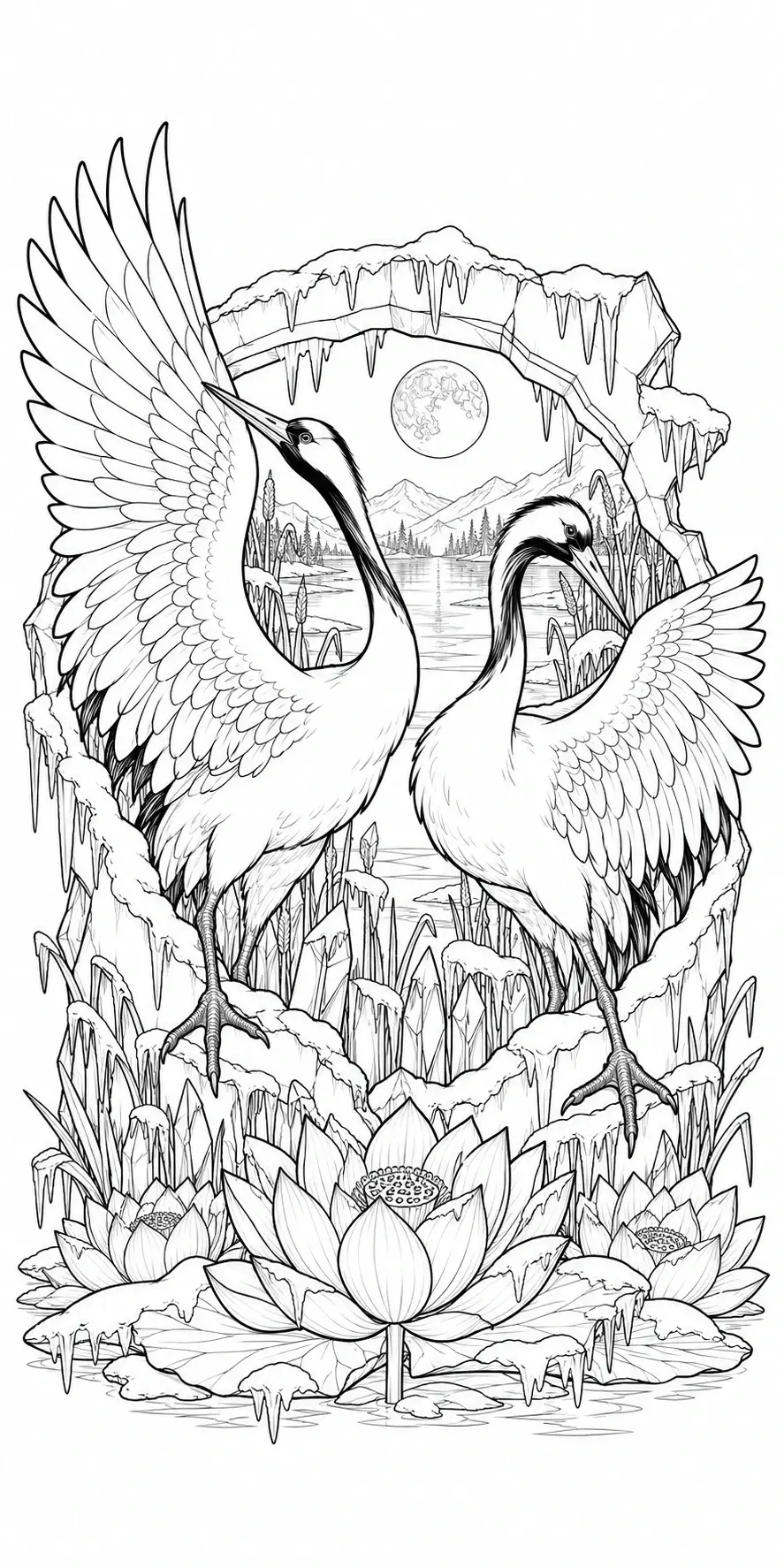 A coloring page showing two cranes standing by a winter pond with icy rocks, a moon, and lotus flowers.