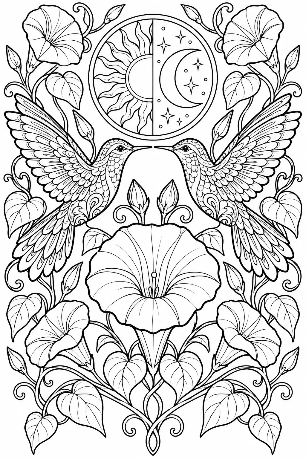 A detailed coloring page shows two hummingbirds with outstretched wings among flowers and leaves beneath a circular sun-and-moon design.