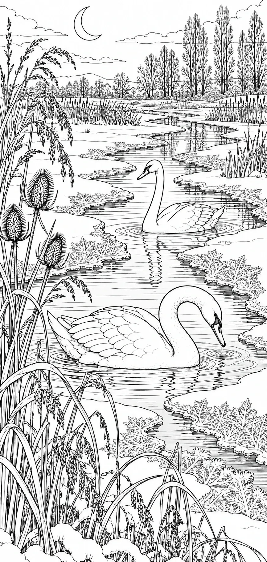 This black-and-white coloring page shows two swans on a winding river bordered by snowy banks, reeds, and bare trees beneath a crescent moon.