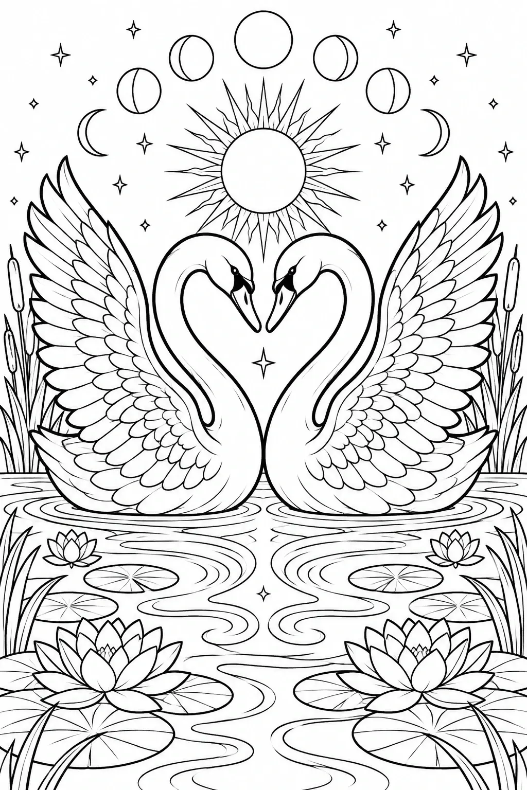 A coloring page shows two swans facing each other on a pond beneath a sun, moon phases, and stars, with water lilies and reeds.