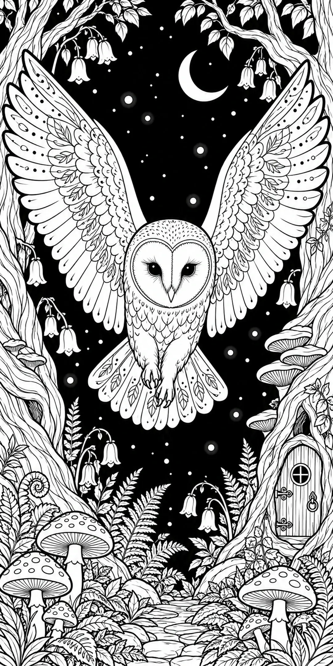 A wide-winged owl flies beneath a crescent moon among leafy trees, bell-shaped flowers, mushrooms, and a small woodland door in this detailed coloring page.