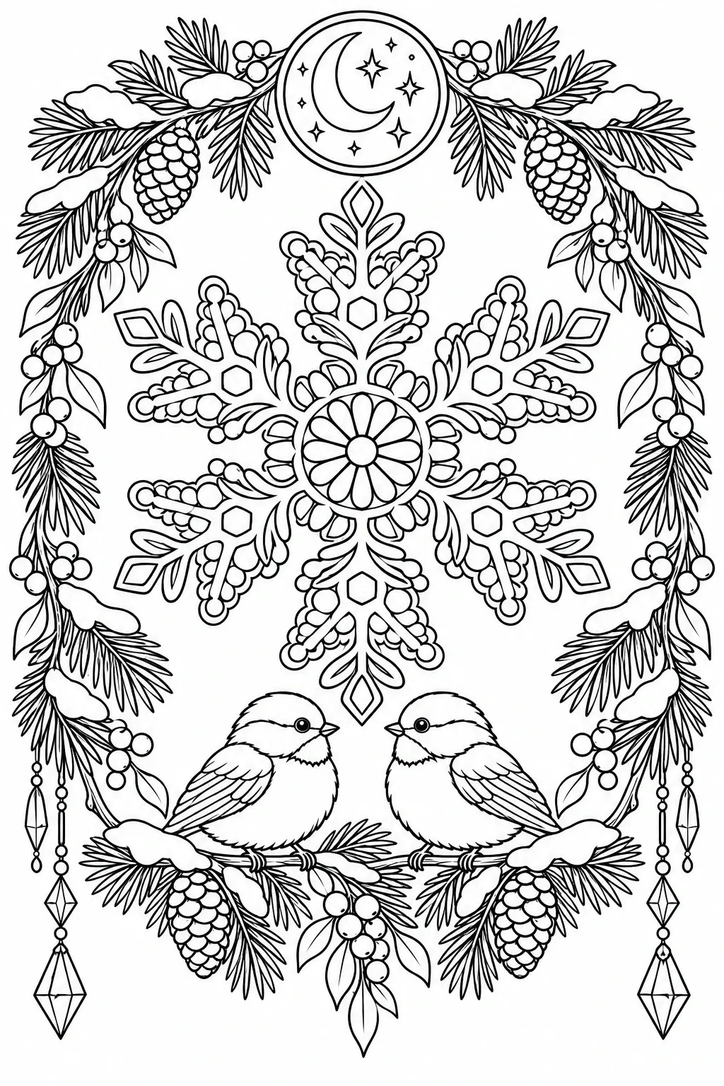 Black-and-white coloring page of two small birds perched on pine branches around a large snowflake and winter ornaments.