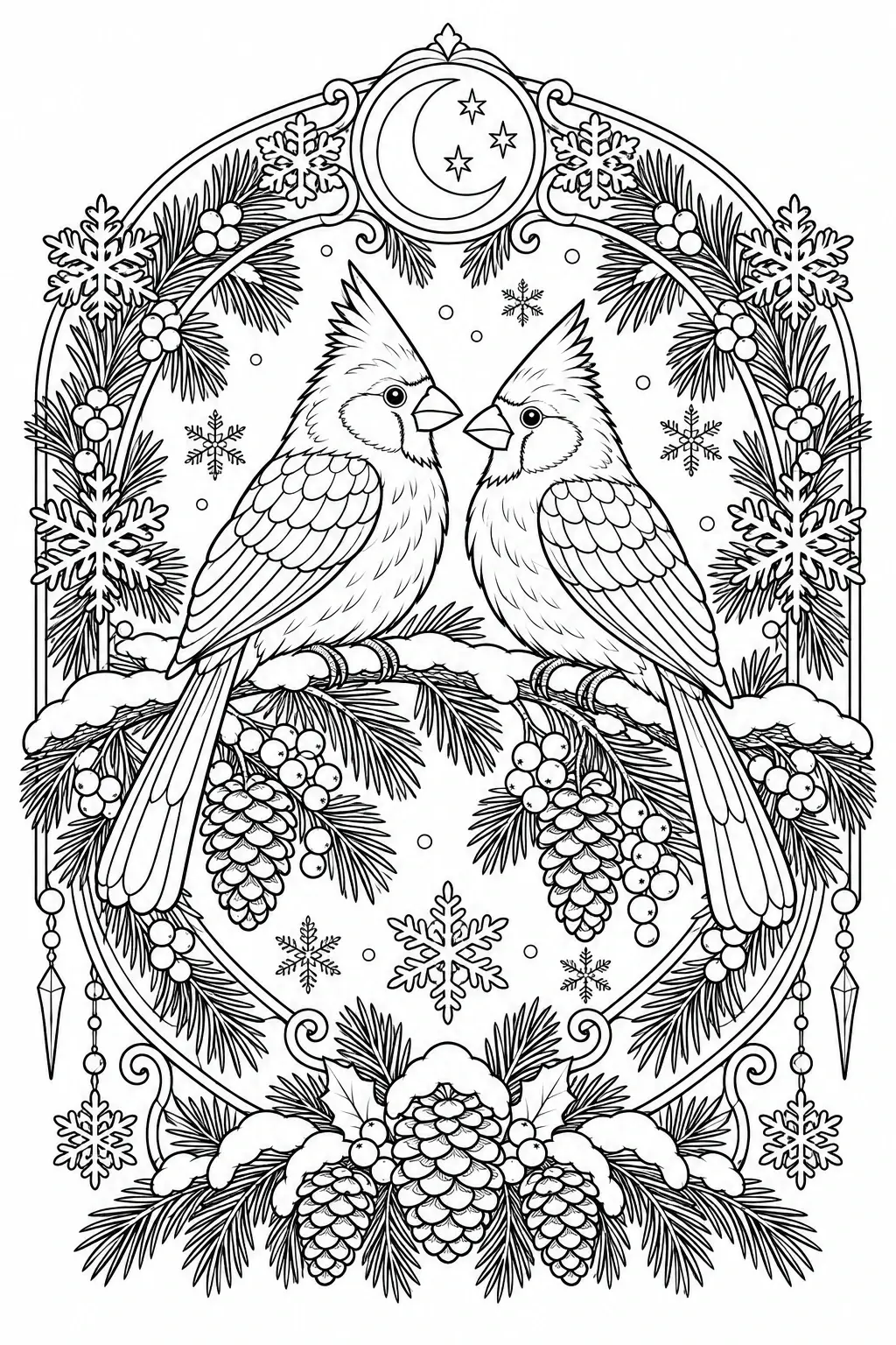 Two cardinals perch on snowy pine branches with pine cones, snowflakes, and a crescent moon ornament in this coloring page.