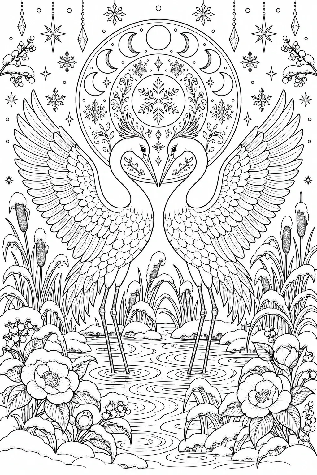 A black-and-white coloring page shows two cranes standing in snowy water with a moon, stars, and decorative floral details.