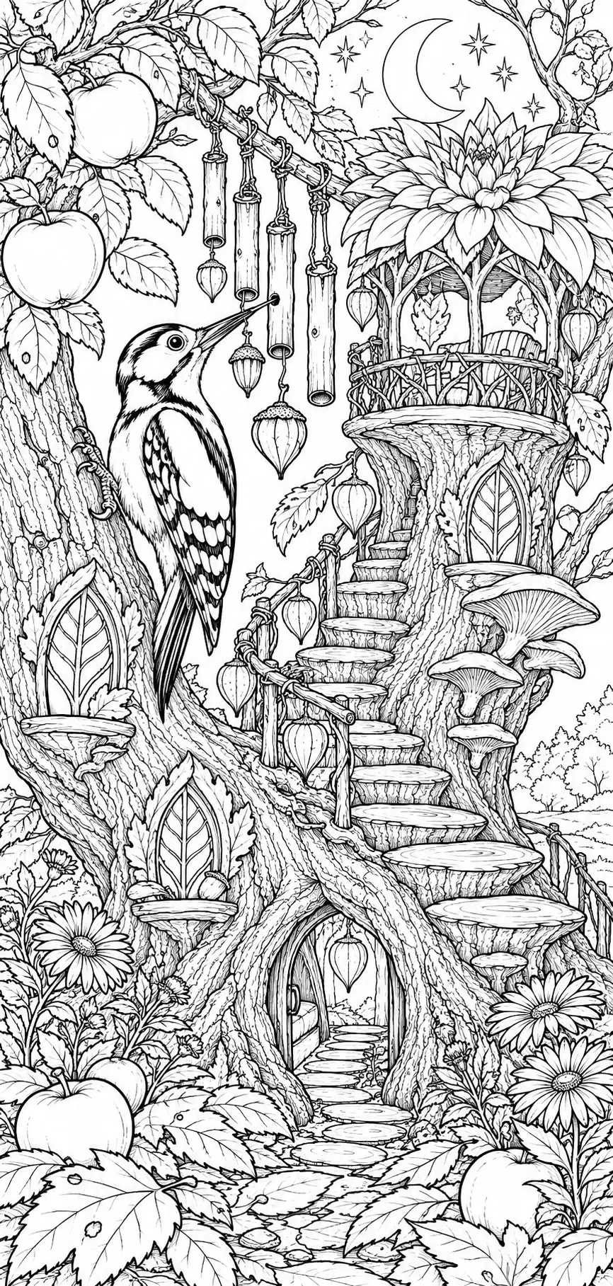 A detailed coloring page shows a woodpecker beside a woodland treehouse with winding steps, hanging lanterns, flowers, and apples.