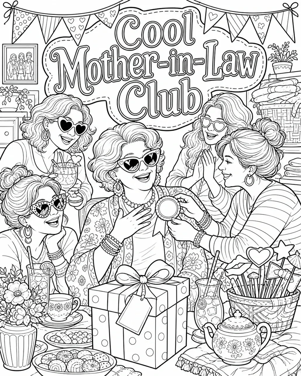 Black and white printable adult coloring page with the hand-lettered phrase Cool Mother-in-Law Club. Features club pennant, friendship bracelets, sunglasses.