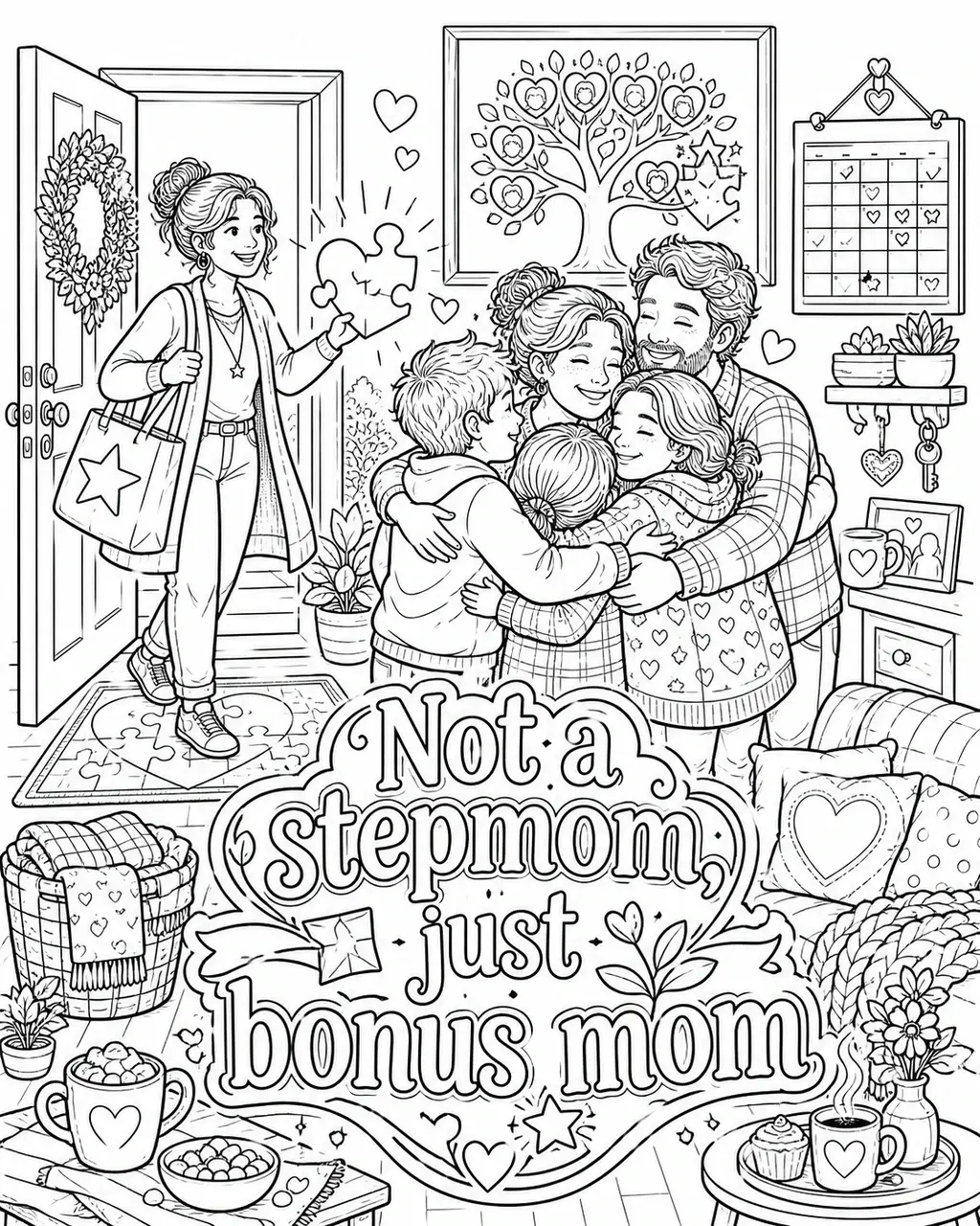 Black and white printable adult coloring page with the hand-lettered phrase Not a stepmom, just bonus mom. Features Puzzle-piece heart, welcome mat, family tree with an extra branch, star-shaped bonus
