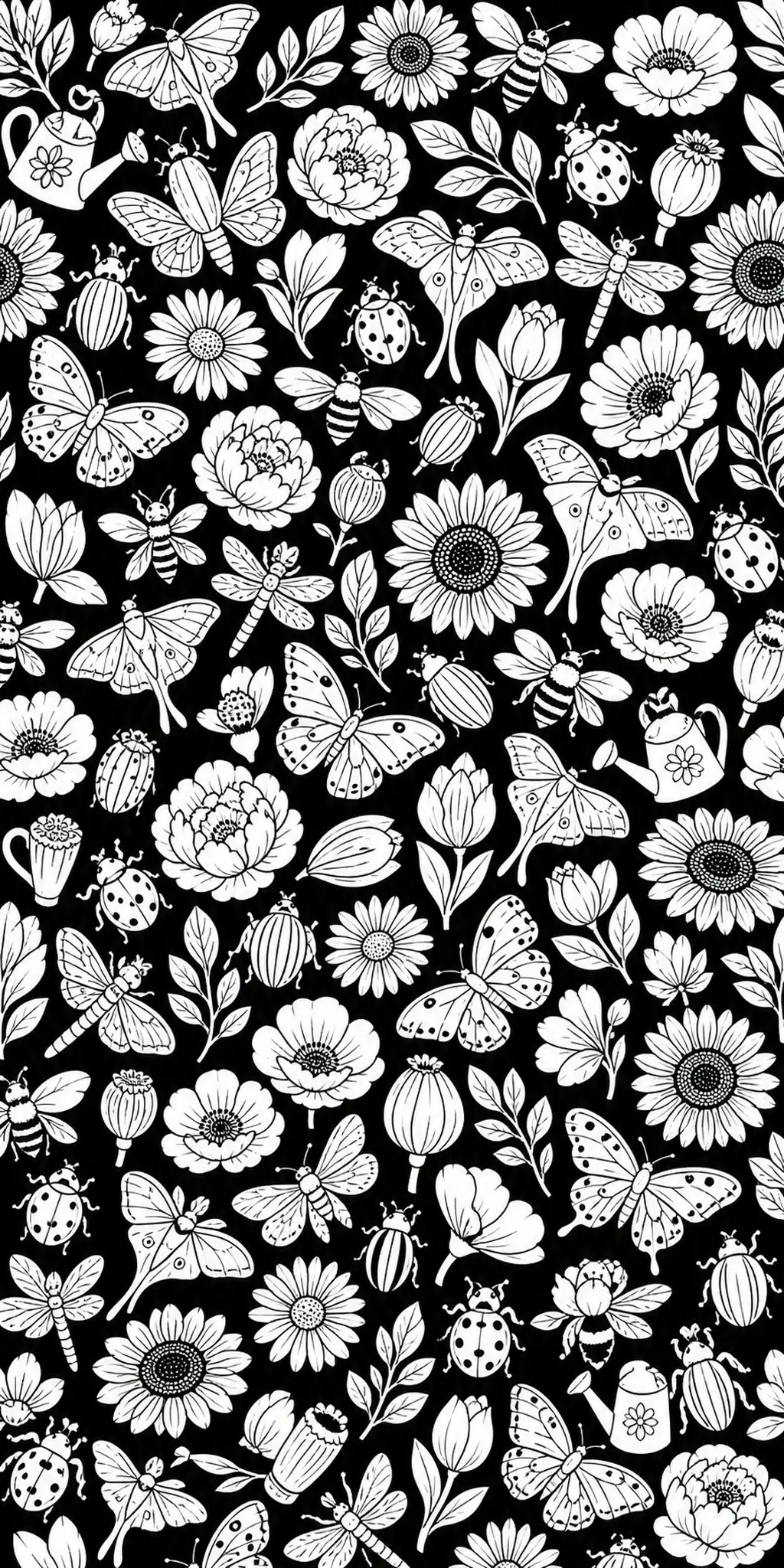 A black-and-white coloring page with butterflies, flowers, bees, ladybugs, and leaves in a repeating pattern.