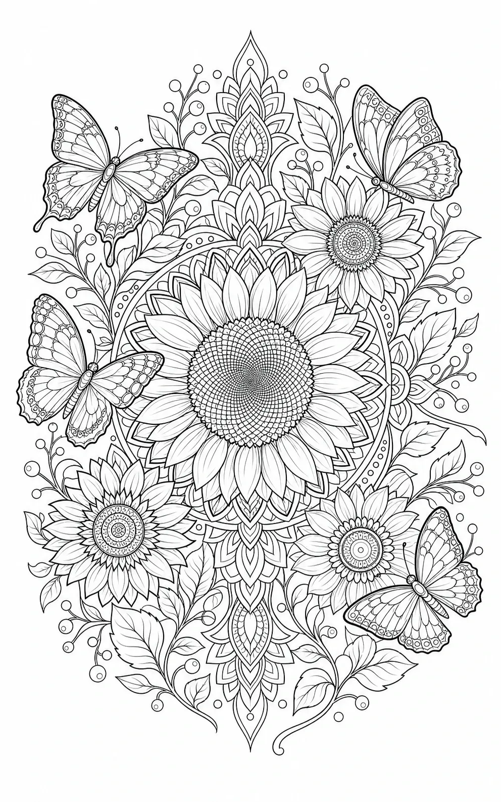 A butterfly and flower mandala coloring page with intricate line art and four butterflies around a central sunflower.