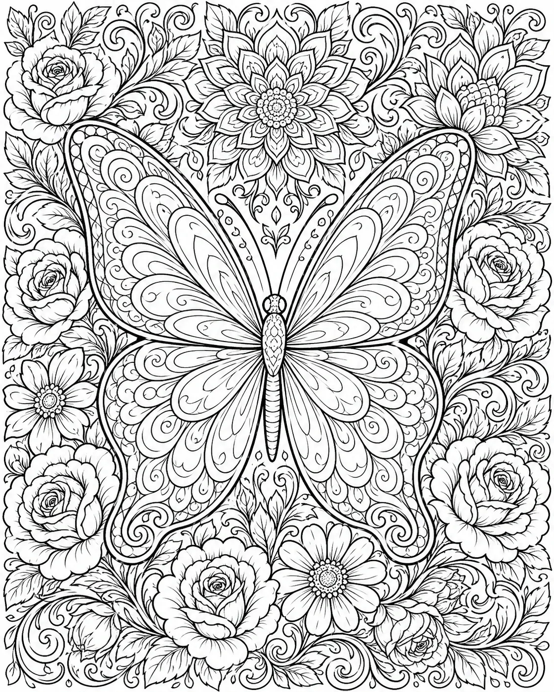 A detailed butterfly coloring page surrounded by roses, blossoms, and swirling leaves in black-and-white.