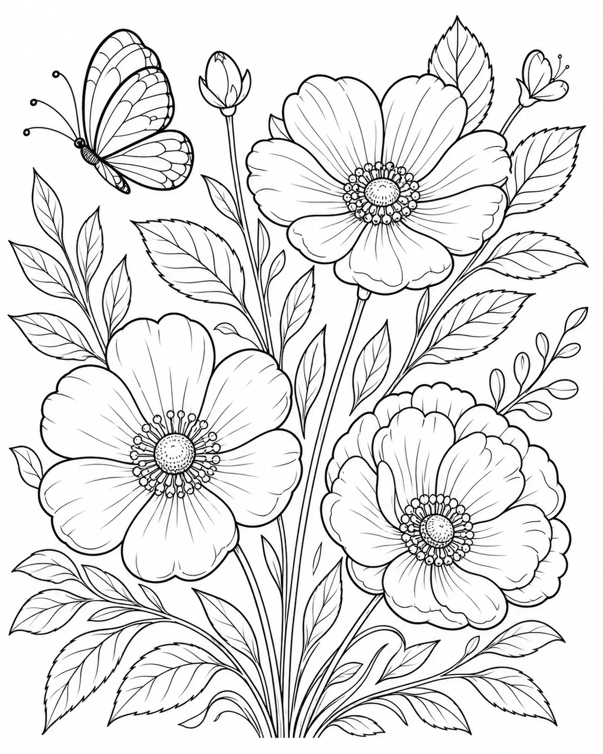 A butterfly flying above large flowers and leafy stems in a black-and-white coloring page.