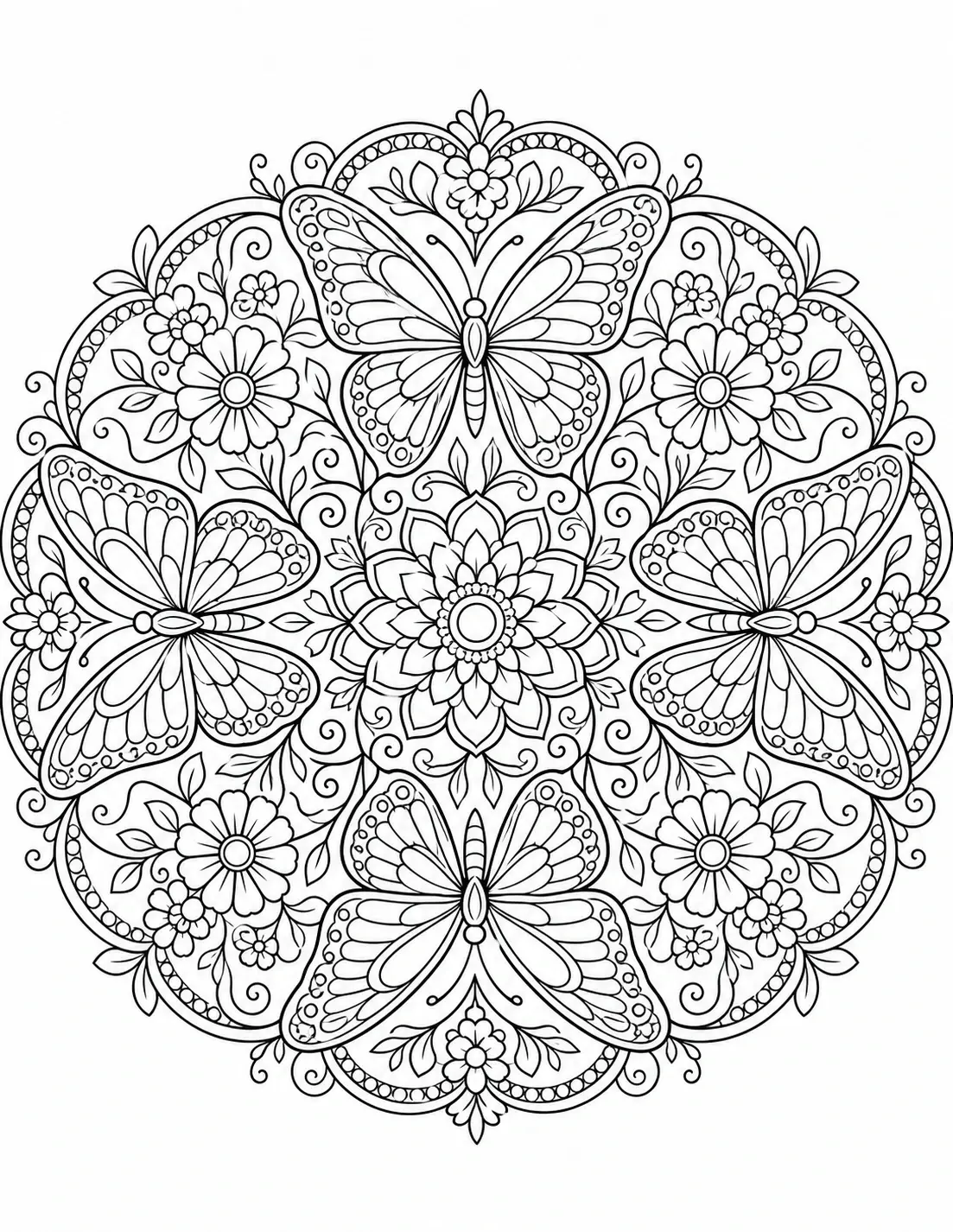 Intricate butterfly mandala coloring page with symmetrical floral patterns and decorative swirls.