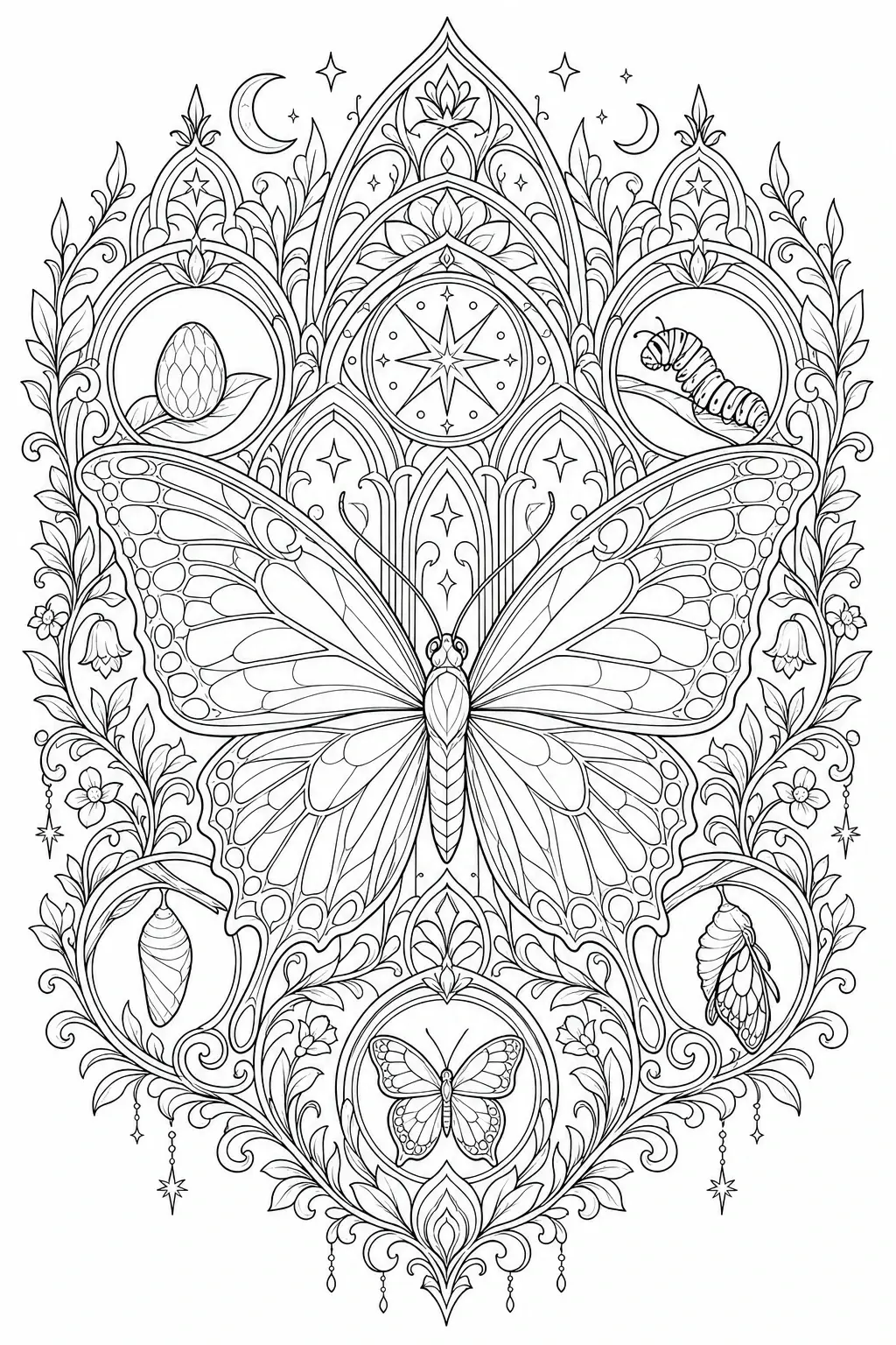 Black and white coloring page of intricate black-and-white butterfly mandala surrounded by floral gothic-inspired arches and small metamorphosis symbols including a caterpillar, chrysalis, and egg