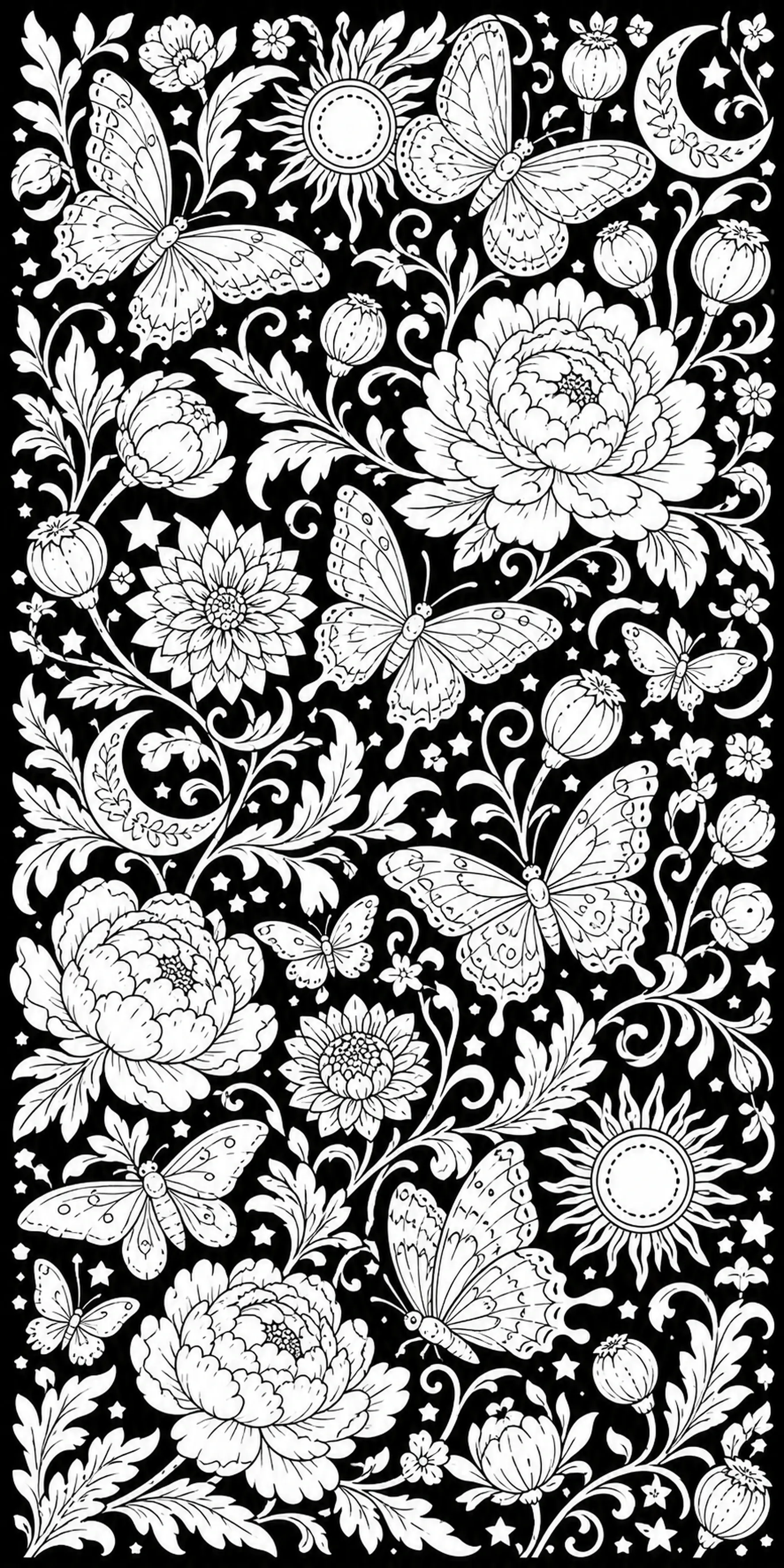 A black-and-white coloring page with butterflies, peony-like flowers, vines, stars, a moon, and suns.