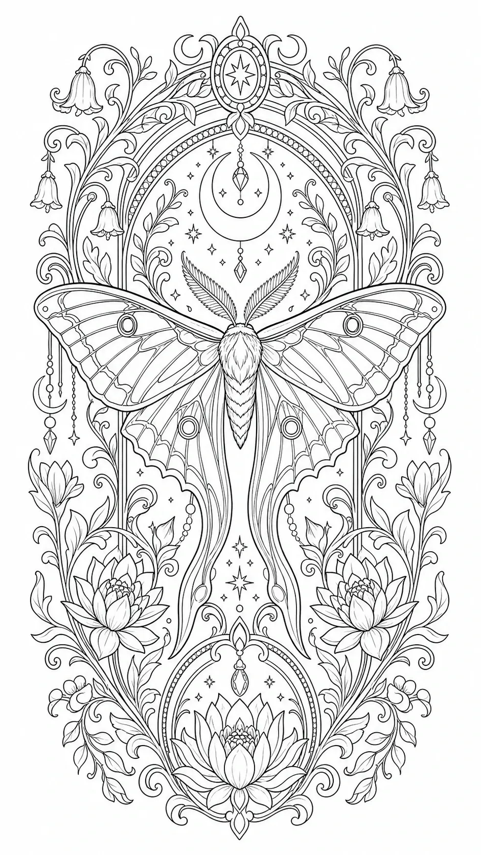 A decorative moth coloring page with a crescent moon, stars, and floral motifs in a symmetrical black-and-white design.