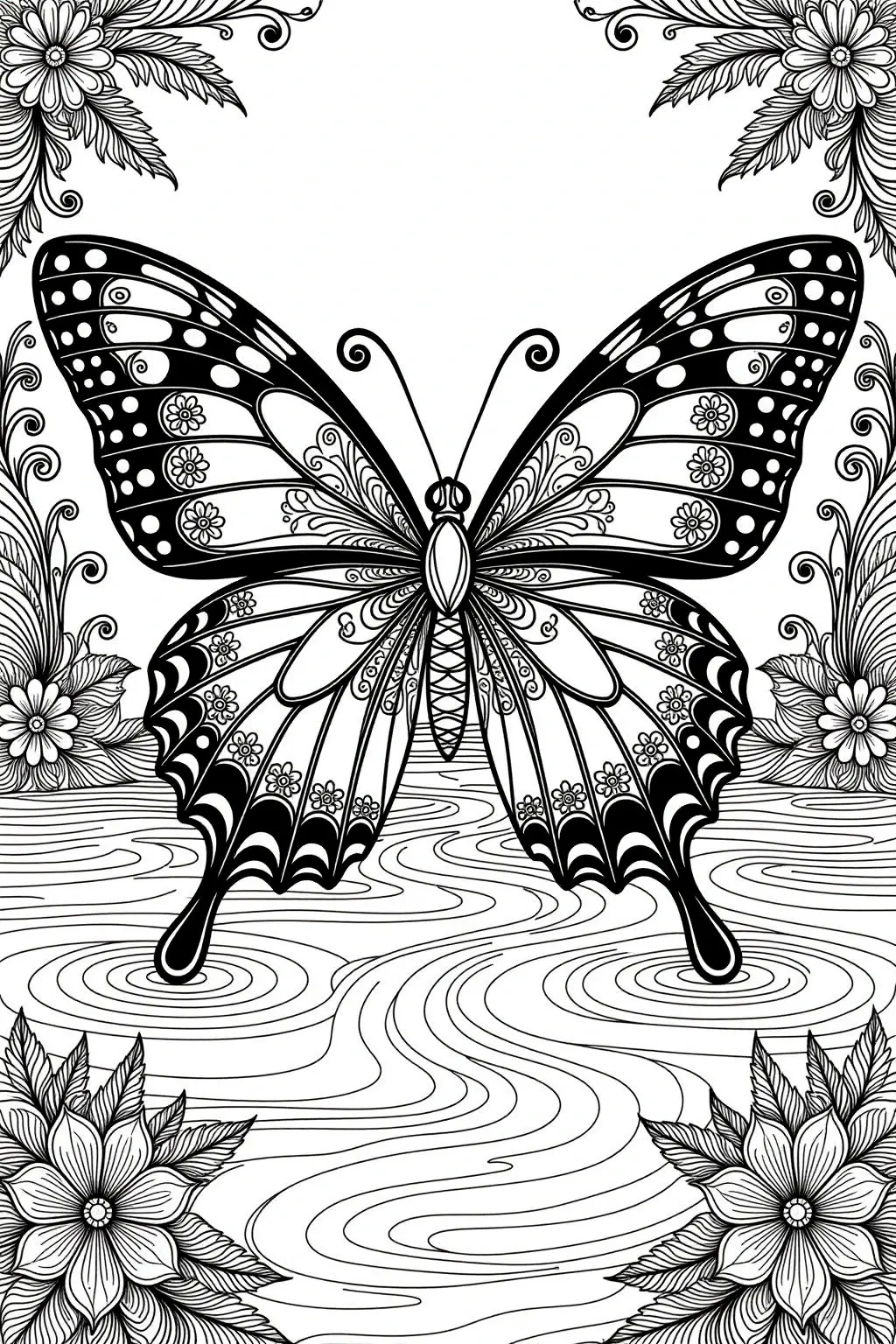 Intricate line-art butterfly above rippling water with floral corners ideal for detailed coloring page in a printable coloring page; great for kids' coloring page and coloring sheets. Spring/summer