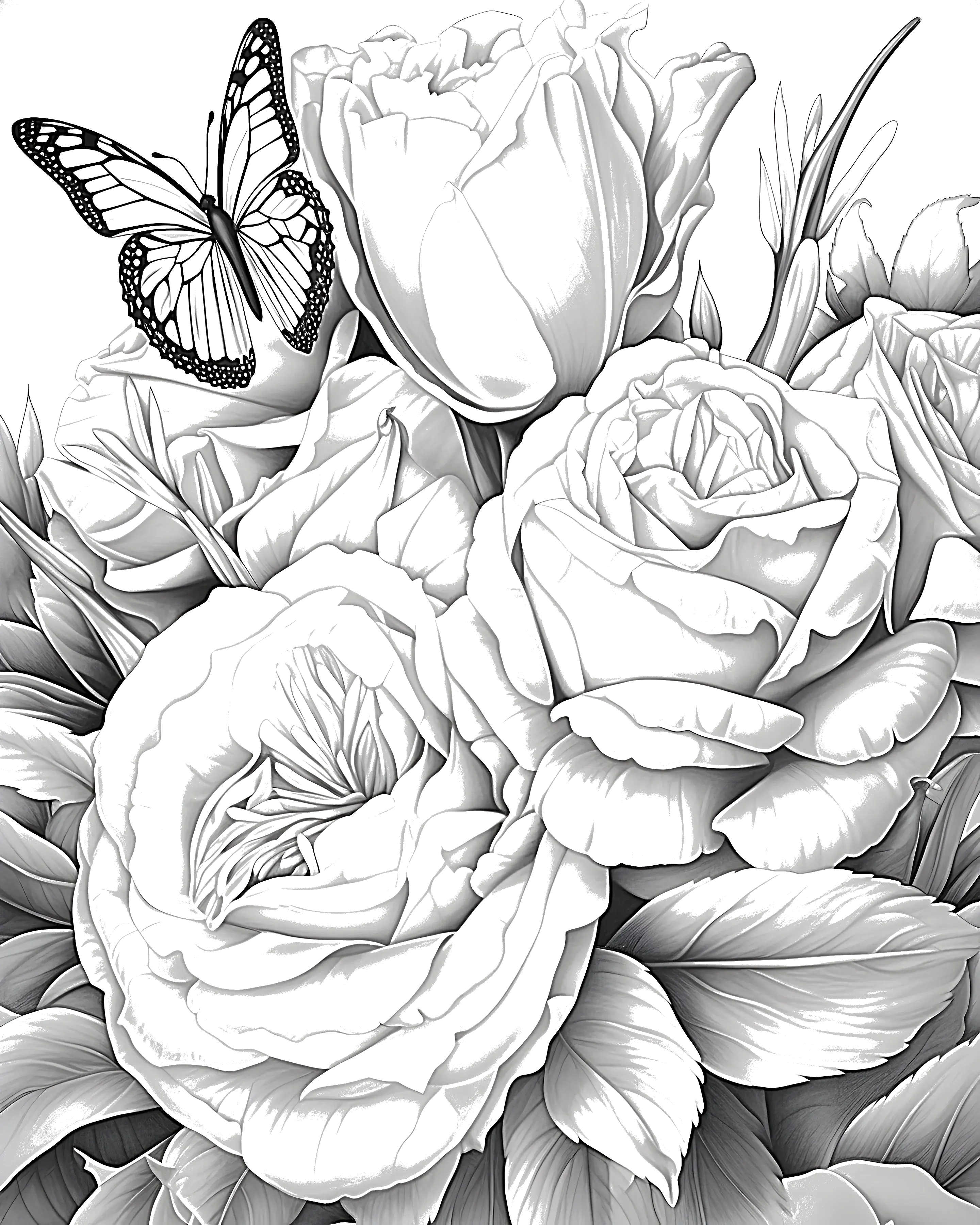 Detailed coloring page of large flowers and roses with a butterfly flying above them.
