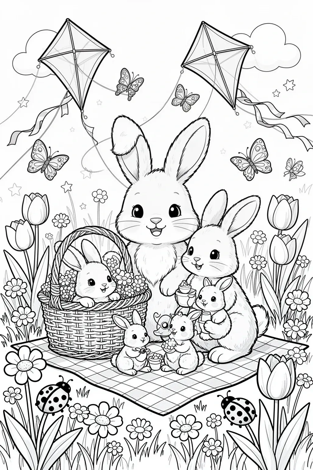 Detailed coloring page of a bunny family having a spring picnic in a flower meadow with butterflies and picnic details.