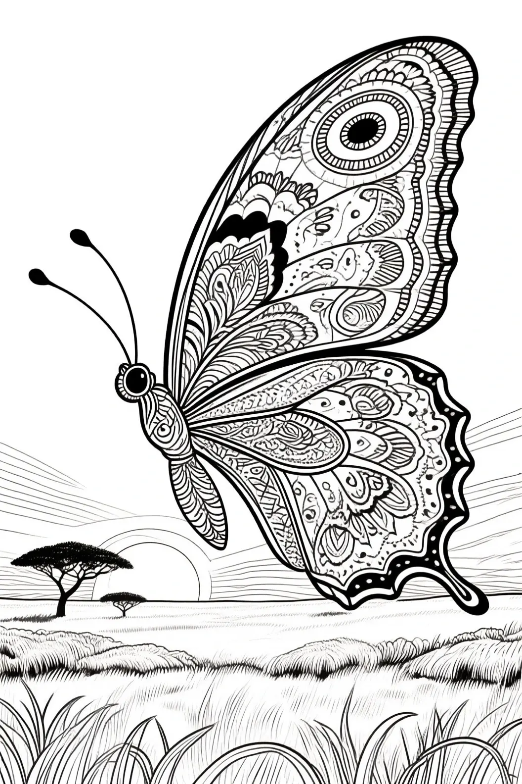 Black and white intricate butterfly coloring page with mandala-style wing patterns over a grassy landscape and distant trees; perfect detailed coloring page, kids' coloring page, printable coloring