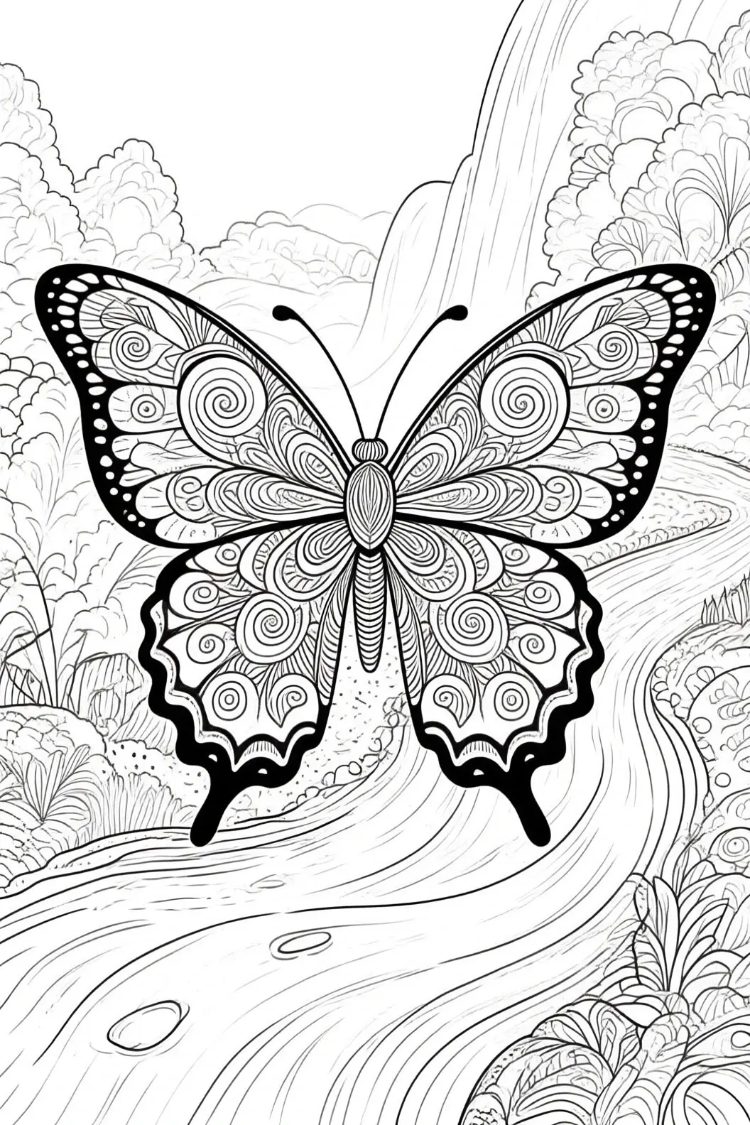 Black and white butterfly mandala on a riverside nature background detailed coloring page, kids' coloring page, printable coloring page and coloring sheets for spring and animal themes.
