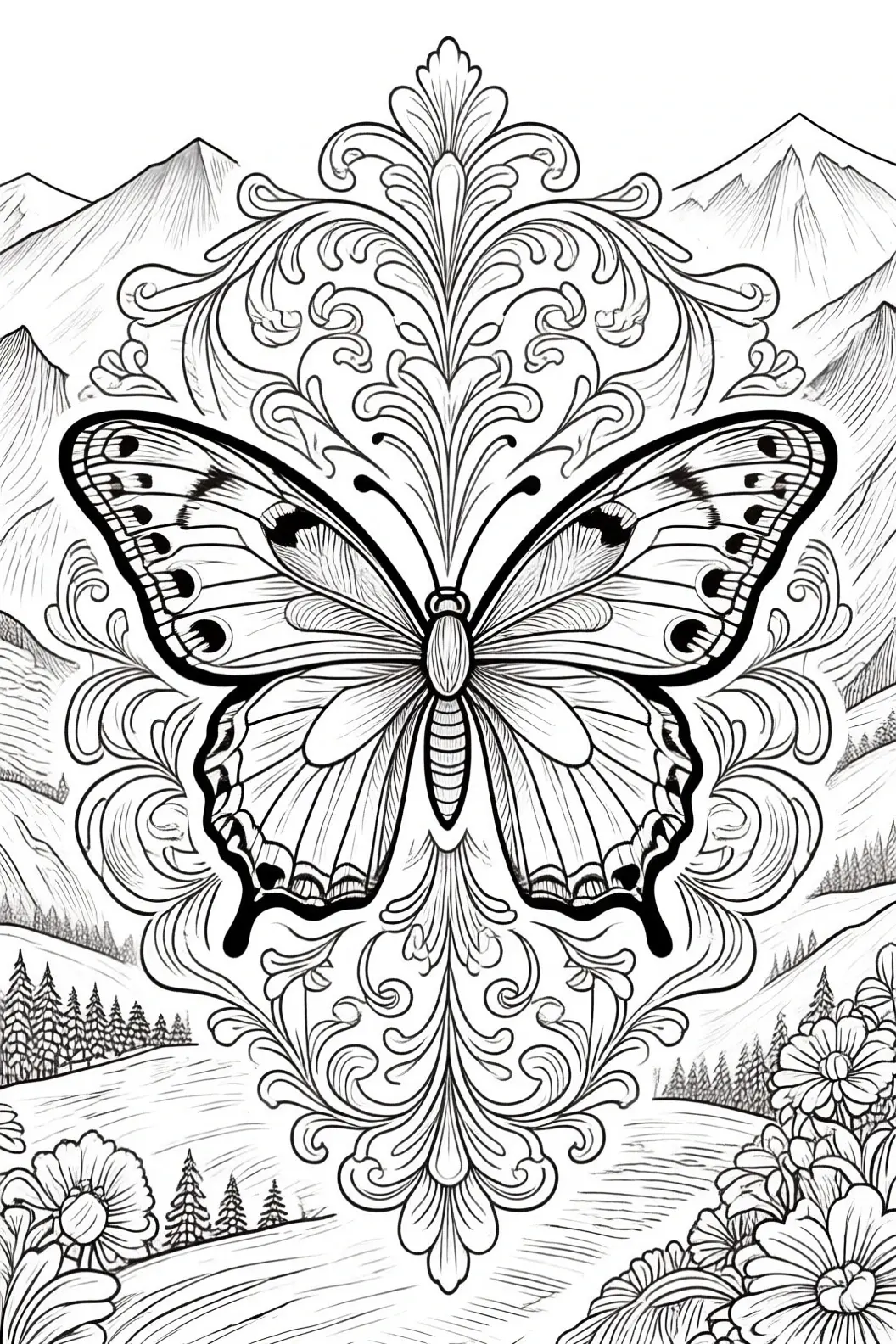 Black and white butterfly line art with ornate mandala flourishes, mountains, flowers and trees a detailed coloring page suitable for kids' coloring page, detailed coloring page, printable coloring