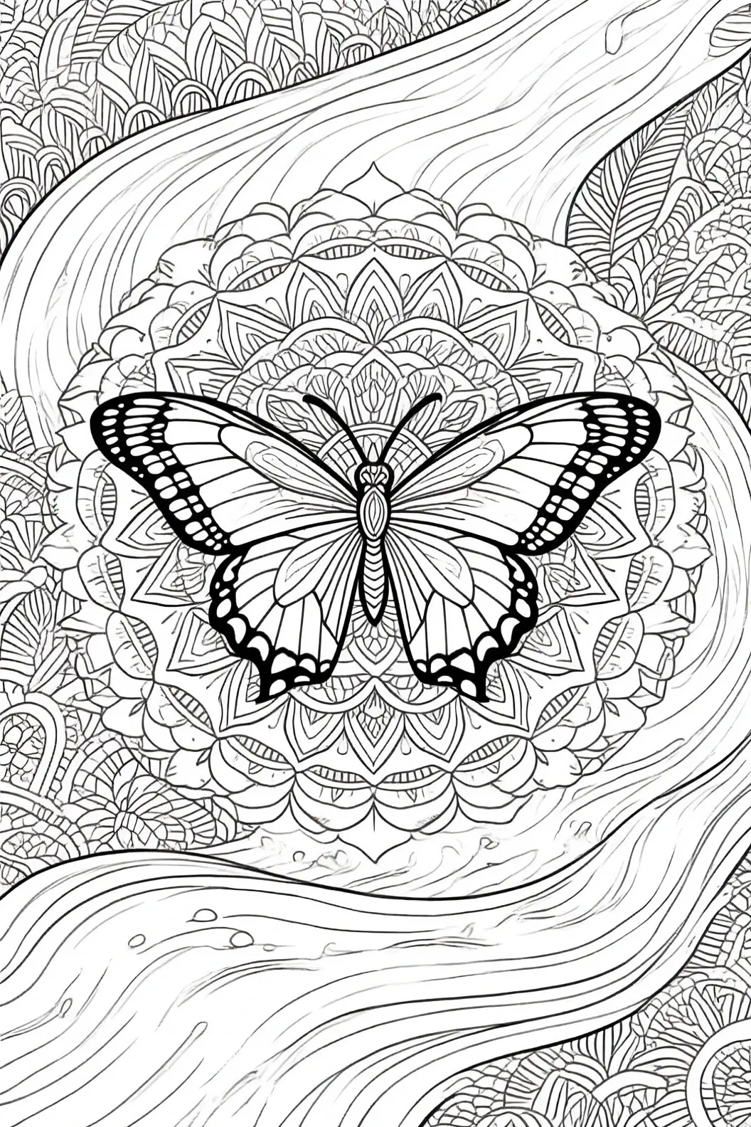 Black and white butterfly mandala line art intricate detailed coloring page and kids' coloring page for a printable coloring page and coloring sheets.