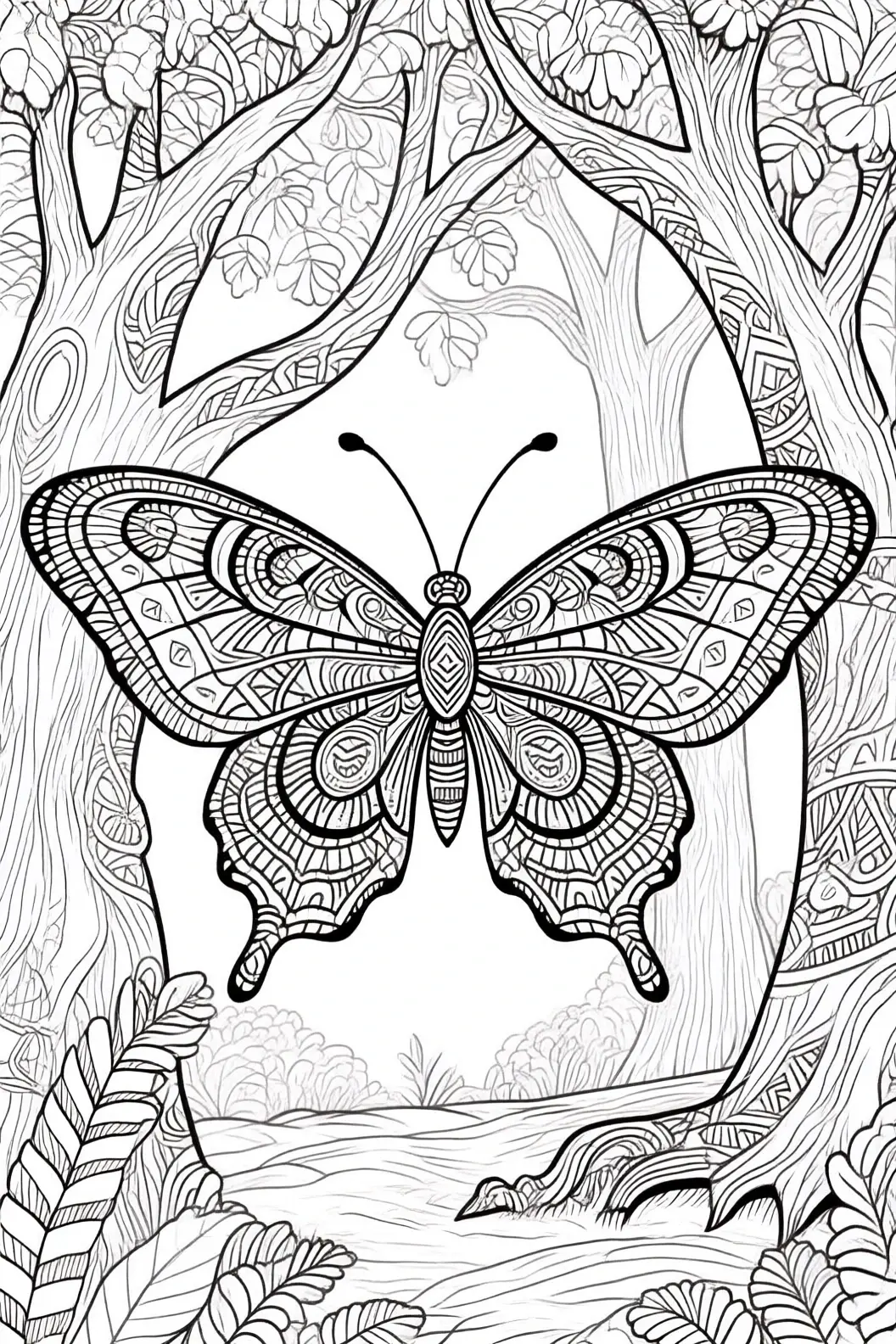 Black-and-white coloring page of an ornate butterfly with mandala patterns between trees in a forest an animal spring design ideal for detailed coloring page, kids' coloring page, printable coloring